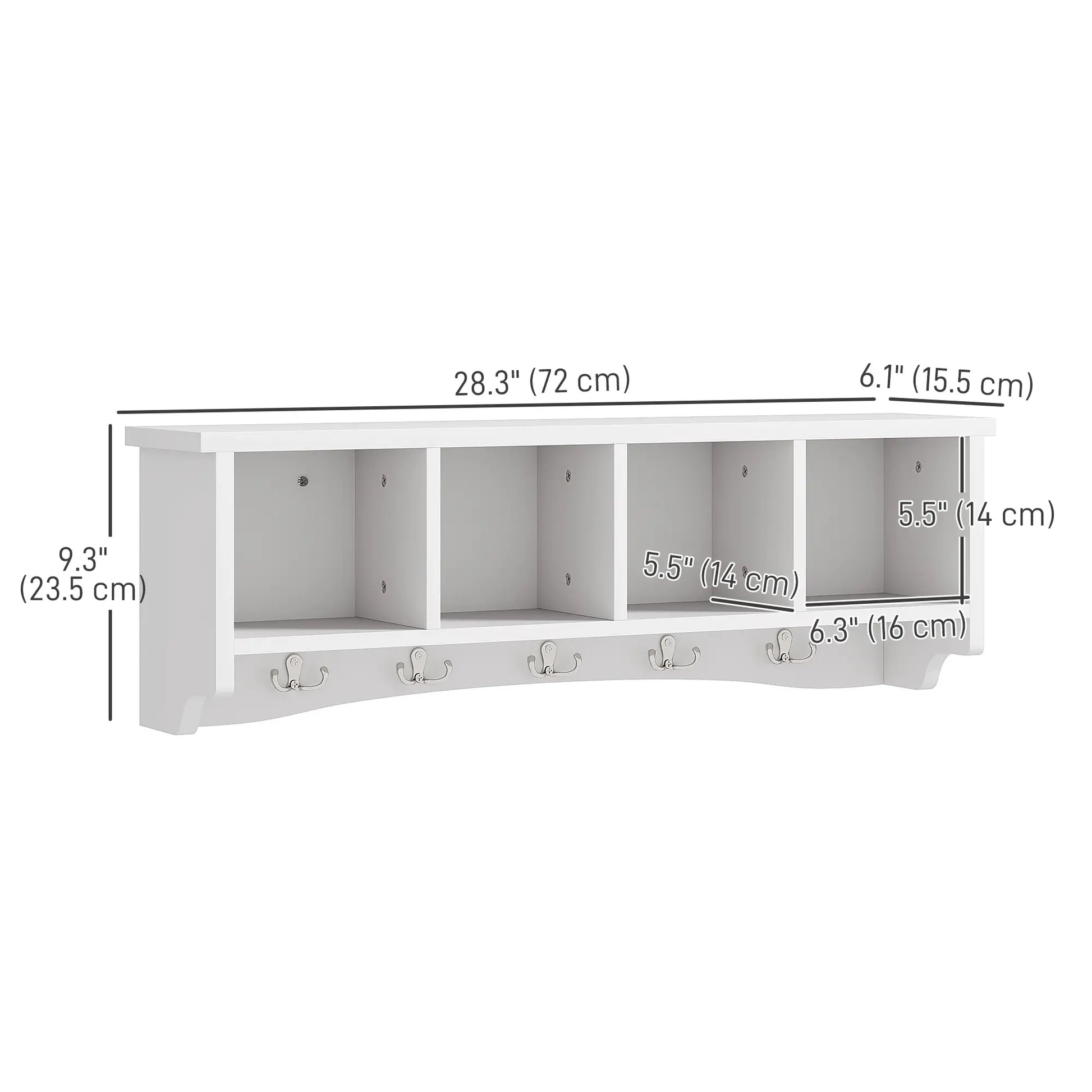 Wall Mount Coat Rack with Shelf, 28", 5 Hooks, 4 Compartments, White Clothing Storage at Gallery Canada