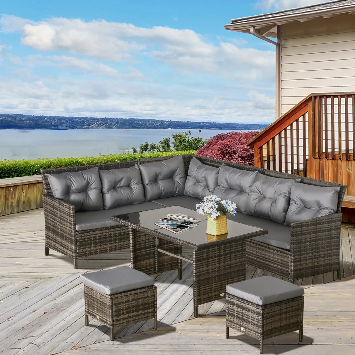 6pcs Outdoor Rattan Sofa Set, Wicker Sectional Couch, Dining Table, Dark Grey Patio Furniture Sets at Gallery Canada