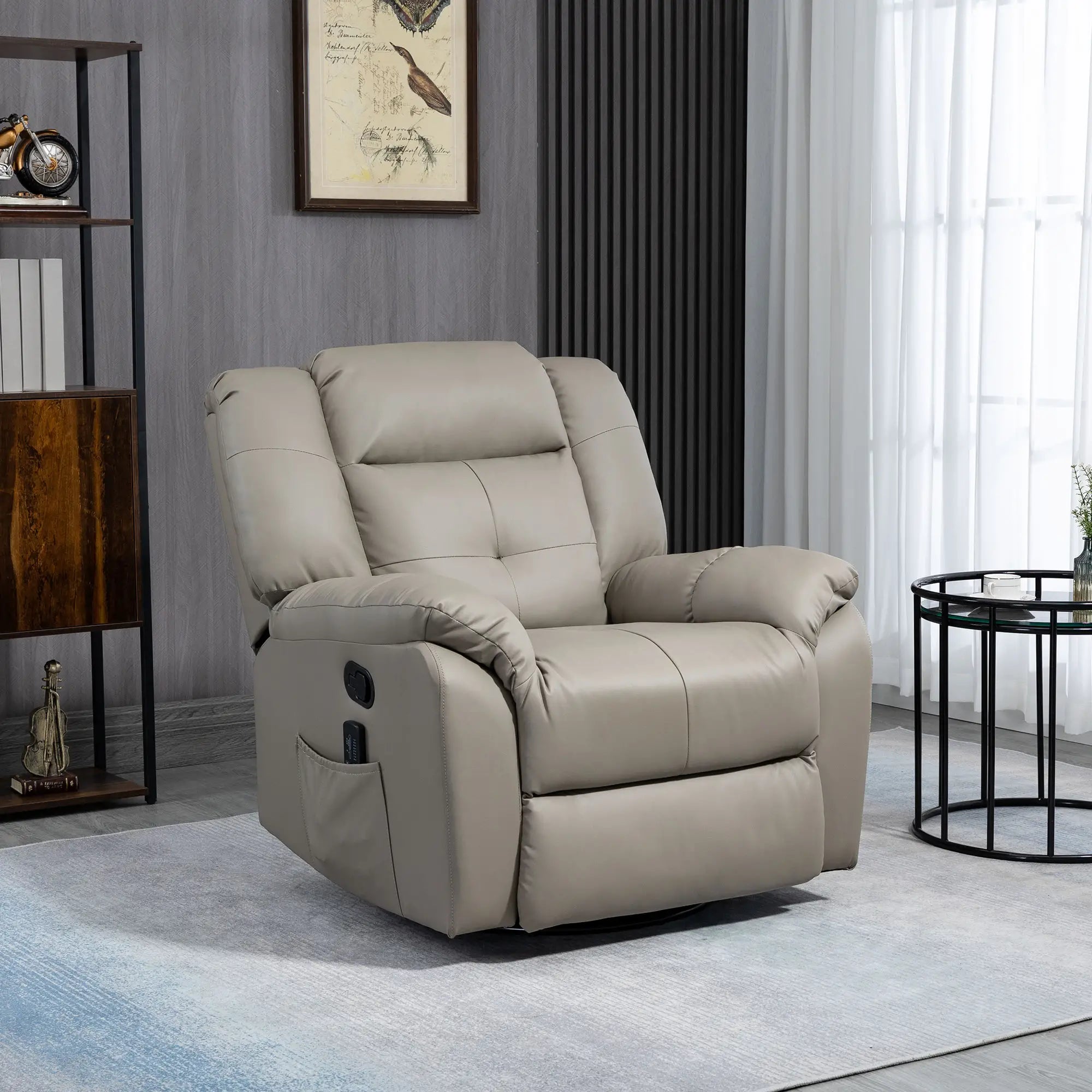 8-Point Vibration Massage Recliner, PU Leather 360° Swivel, Grey Single Sofas at Gallery Canada