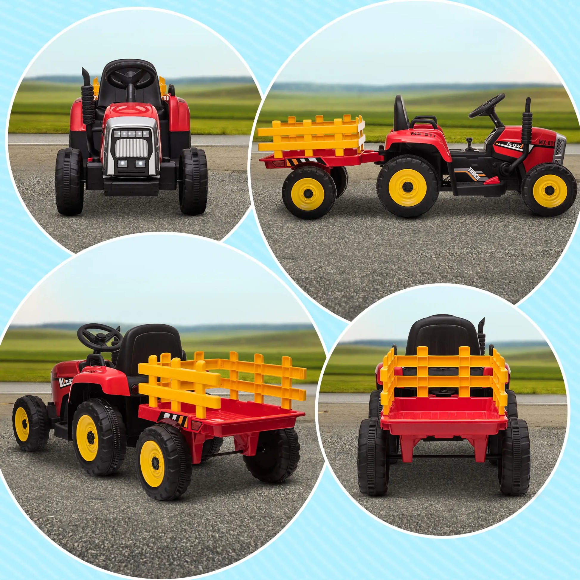 12V Kids Ride on Tractor with Trailer, Remote Control, Music, Horn, USB, LED Lights, Red Electric Toy Cars at Gallery Canada