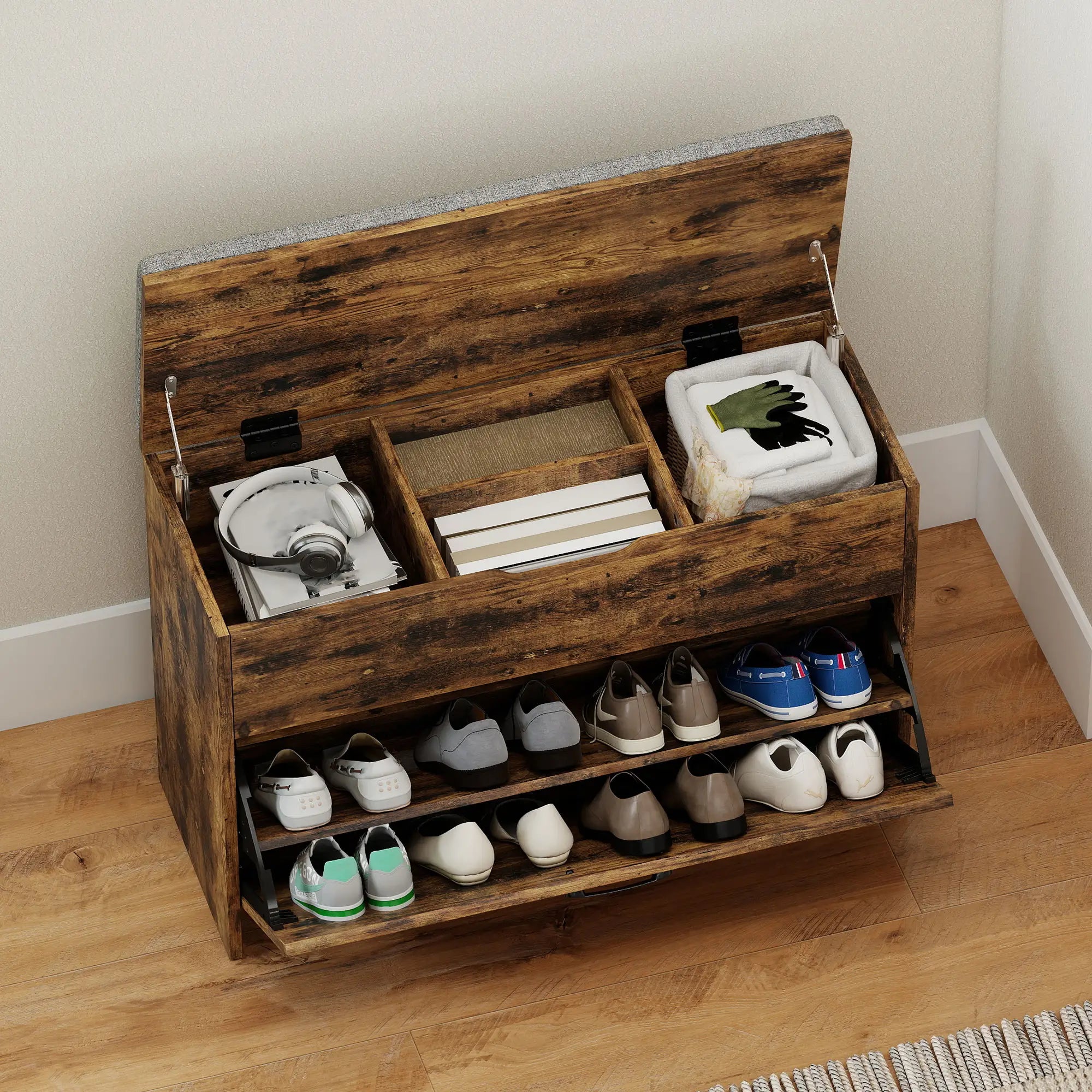 Shoe Storage Bench with Flip Drawer, Lift Top, Seat Cushion, Rustic Brown Shoe Storage Cabinets & Racks at Gallery Canada