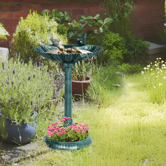 32" Bronze Green Bird Bath With Decorative Birds, Flower Planter Base, Bronze Green Garden Decor Bronze Green at Gallery Canada