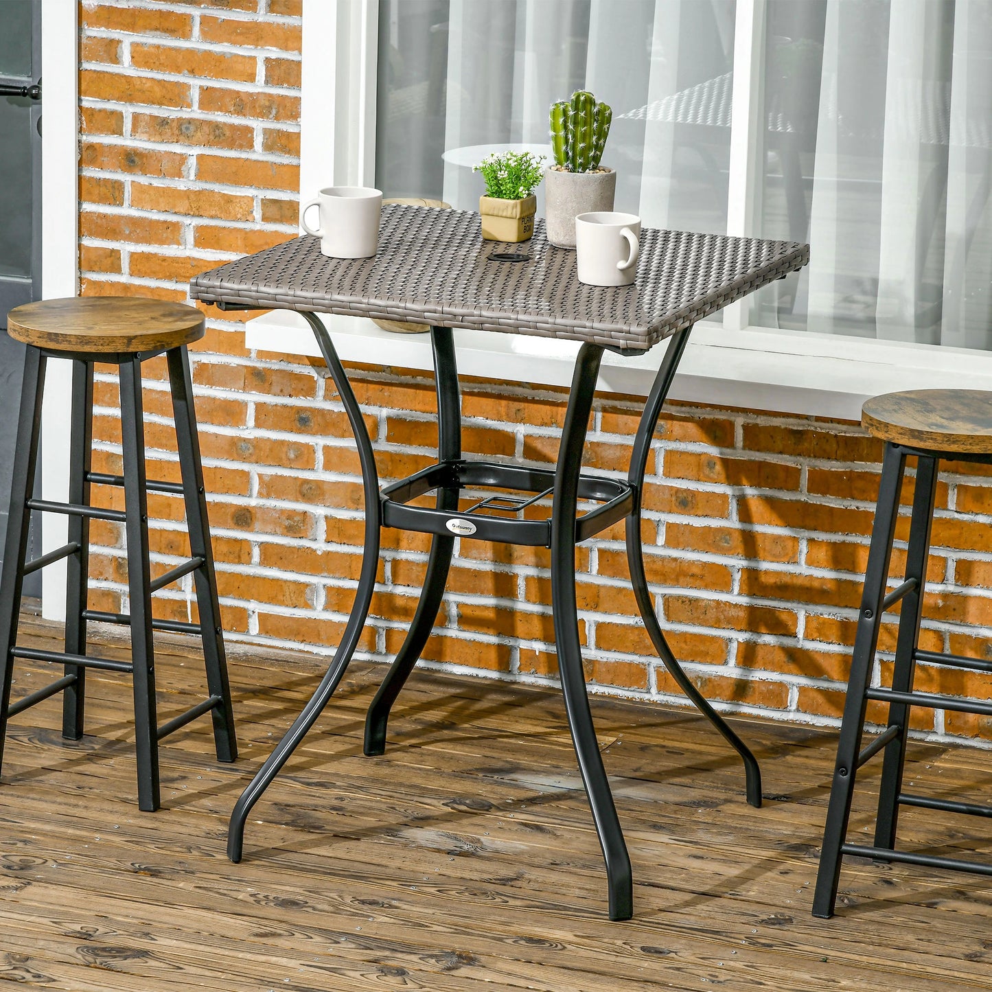 Wicker Dining Table, 34 Inch, Outdoor PE Rattan, Umbrella Hole, Light Grey Patio Side Tables at Gallery Canada