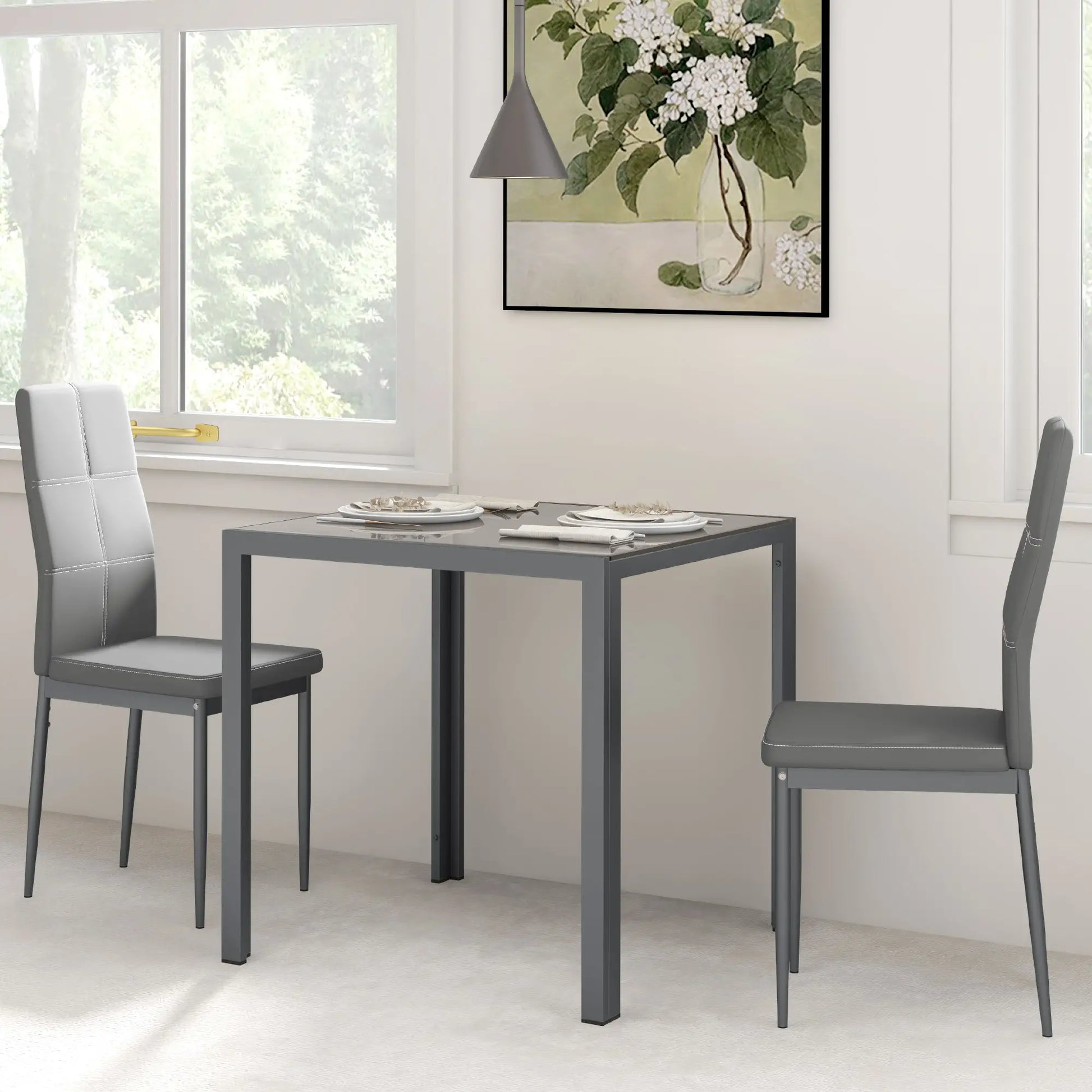 3-Piece Rectangular Glass Dining Table, Metal Frame, Faux Leather Chairs, Grey Bar Sets at Gallery Canada