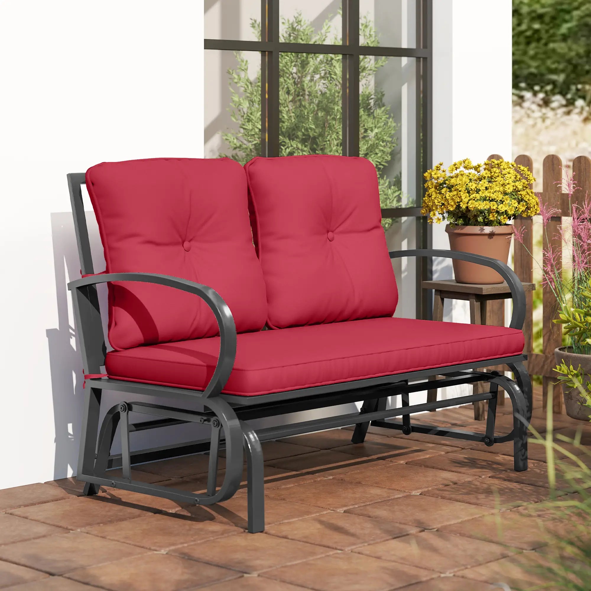 2-Person Outdoor Glider Chair, Steel Frame with Cushions, Red Outdoor Gliders at Gallery Canada