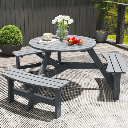 6 Person Round Picnic Table, With Umbrella Hole, 3 Built-in Benches, Grey Outdoor Dining Sets at Gallery Canada