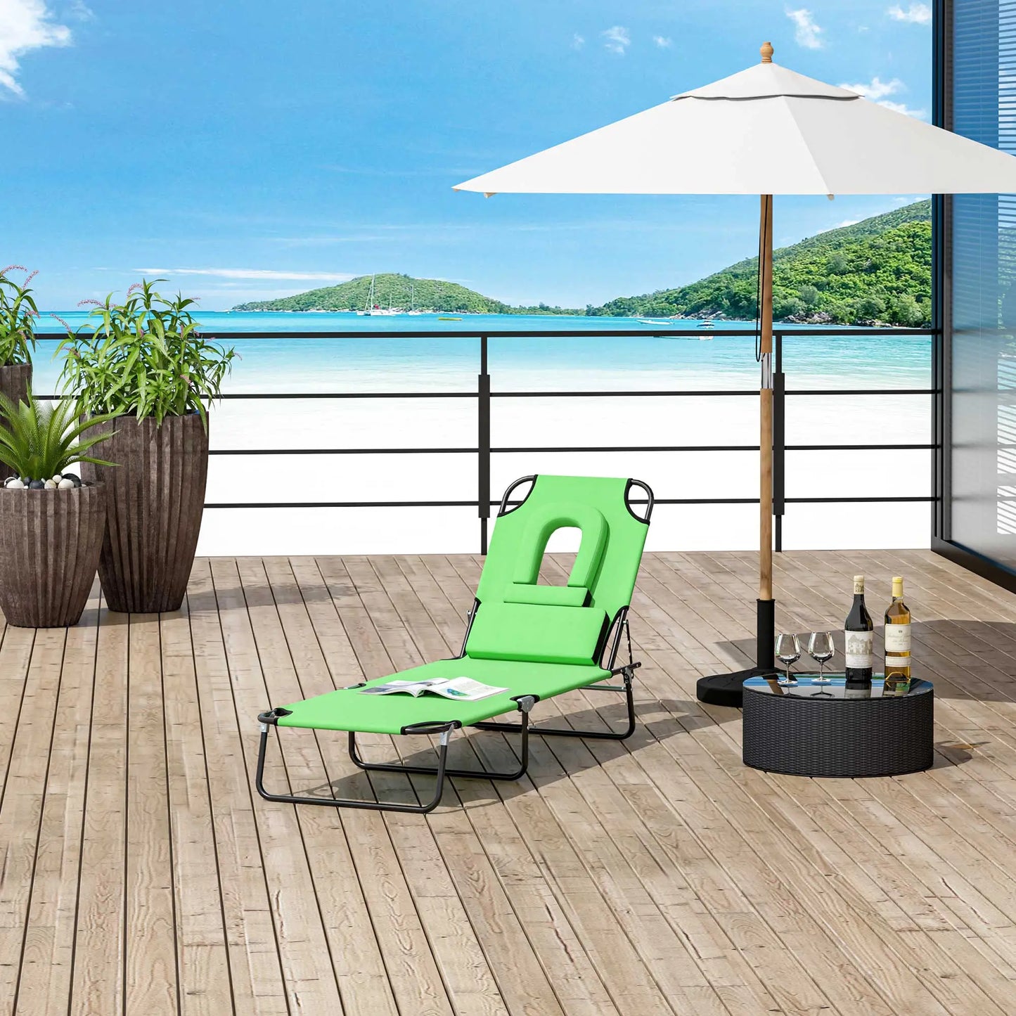 Adjustable Outdoor Lounge Chair, Folding Chaise with Face Hole, Green Lounger Chairs at Gallery Canada