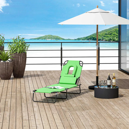 Adjustable Outdoor Lounge Chair, Folding Chaise with Face Hole, Green Lounger Chairs at Gallery Canada