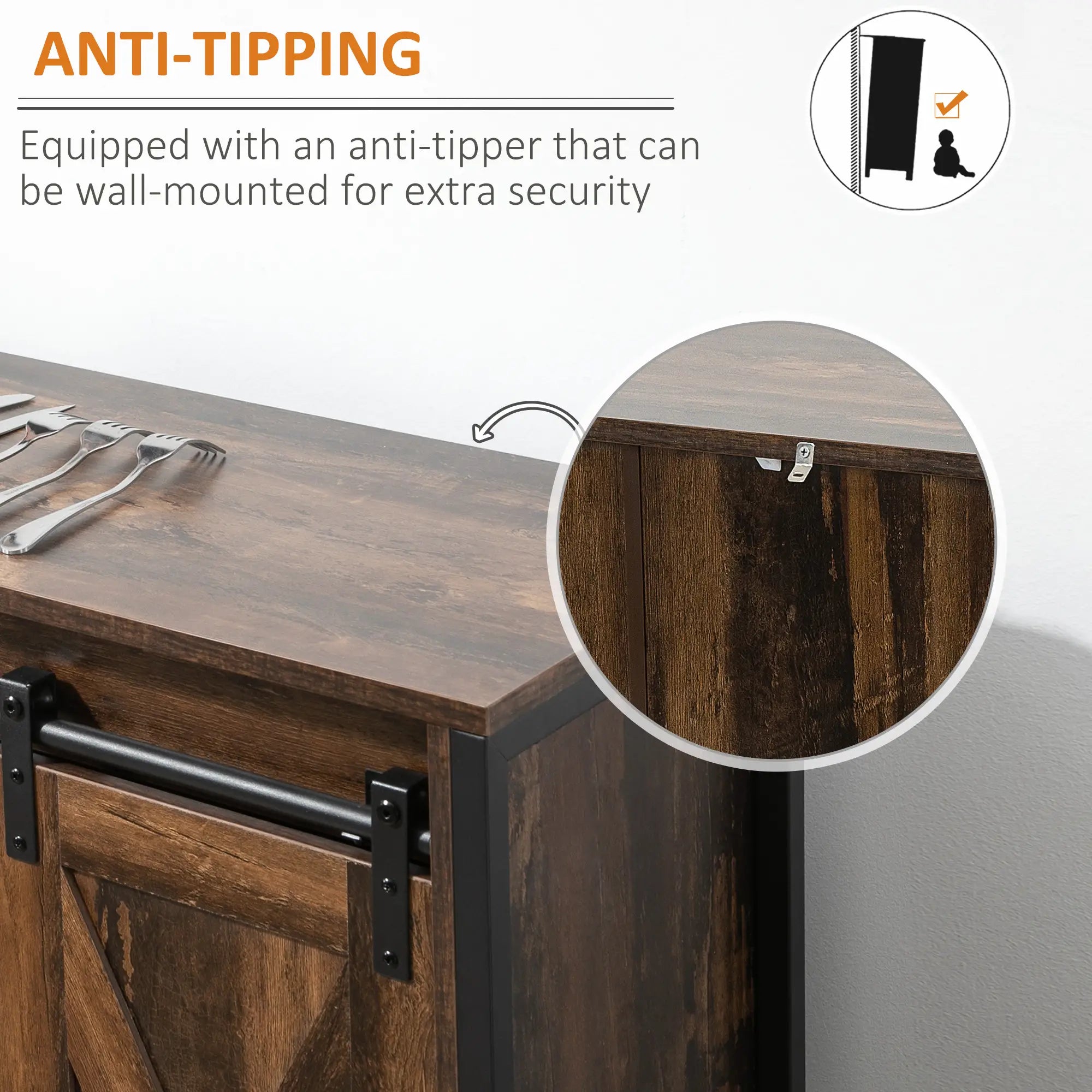 Industrial Sideboard, Buffet Cabinet with Sliding Barn Doors, Rustic Brown, Brown Bar Cabinets at Gallery Canada