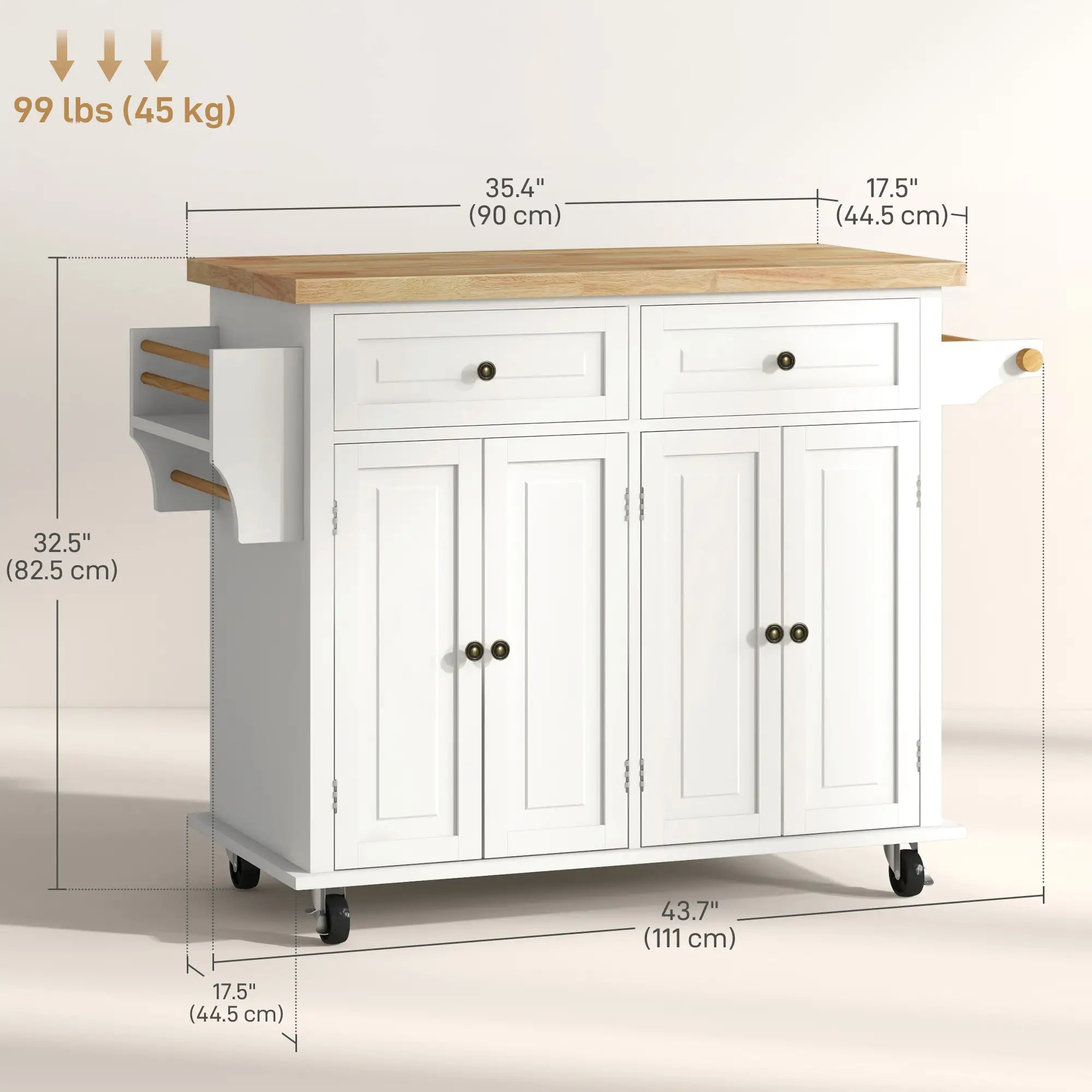 Kitchen Island with Storage, Rolling Cart, Rubber Wood Top, Cream White Kitchen Islands & Kitchen Carts at Gallery Canada