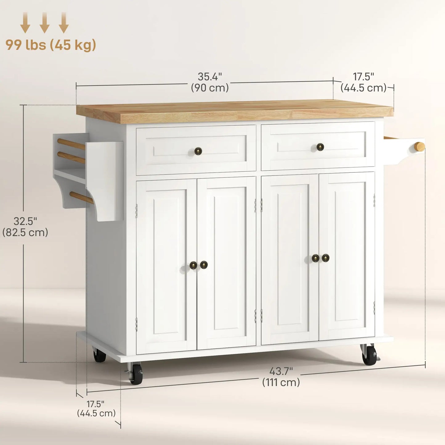 Kitchen Island with Storage, Rolling Cart, Rubber Wood Top, Cream White Kitchen Islands & Kitchen Carts at Gallery Canada