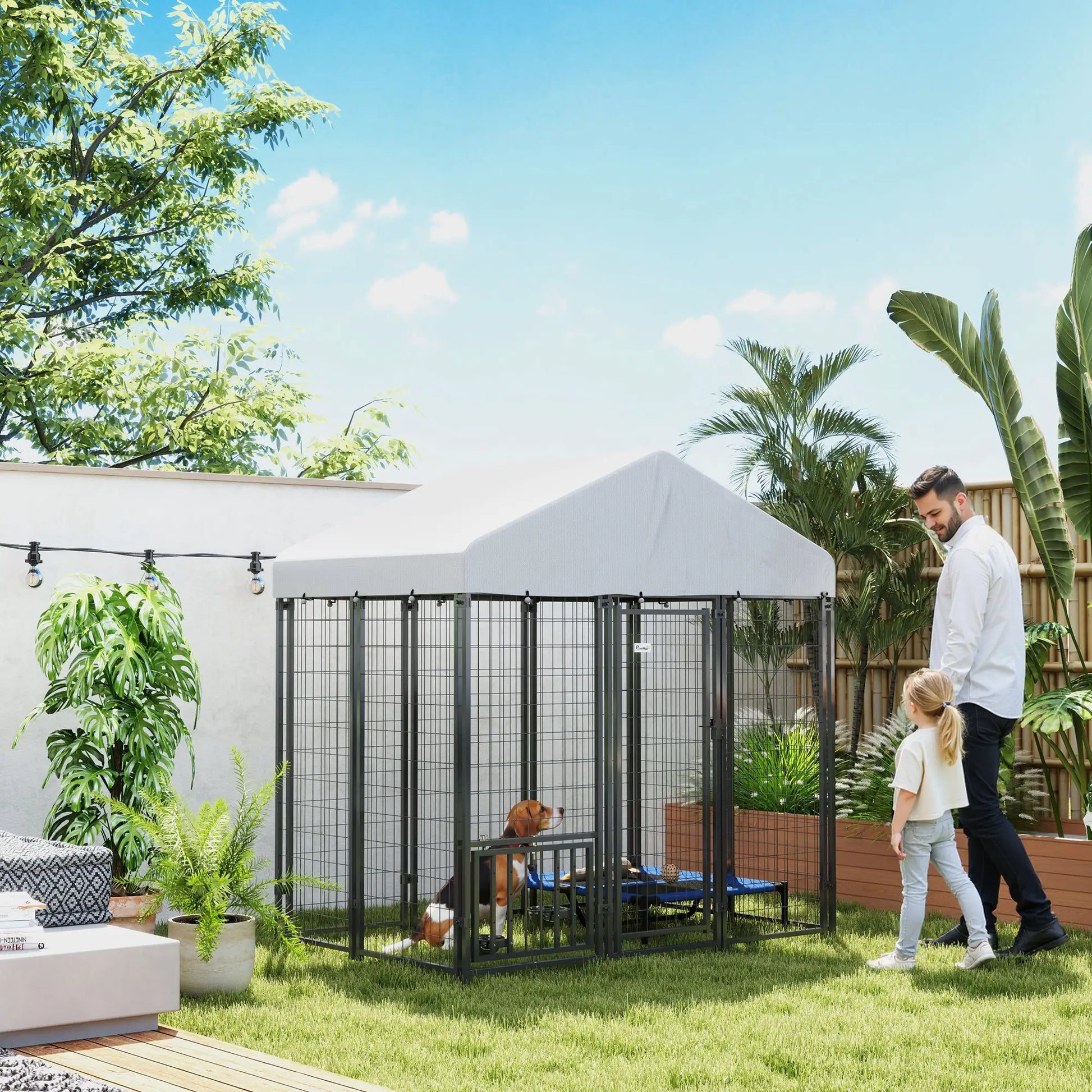 Outdoor Dog Kennel, Waterproof UV-Resistant Cover, Adjustable Feeding Bowls, 5.9 x 4 x 6 ft Houses, Kennels & Pens at Gallery Canada