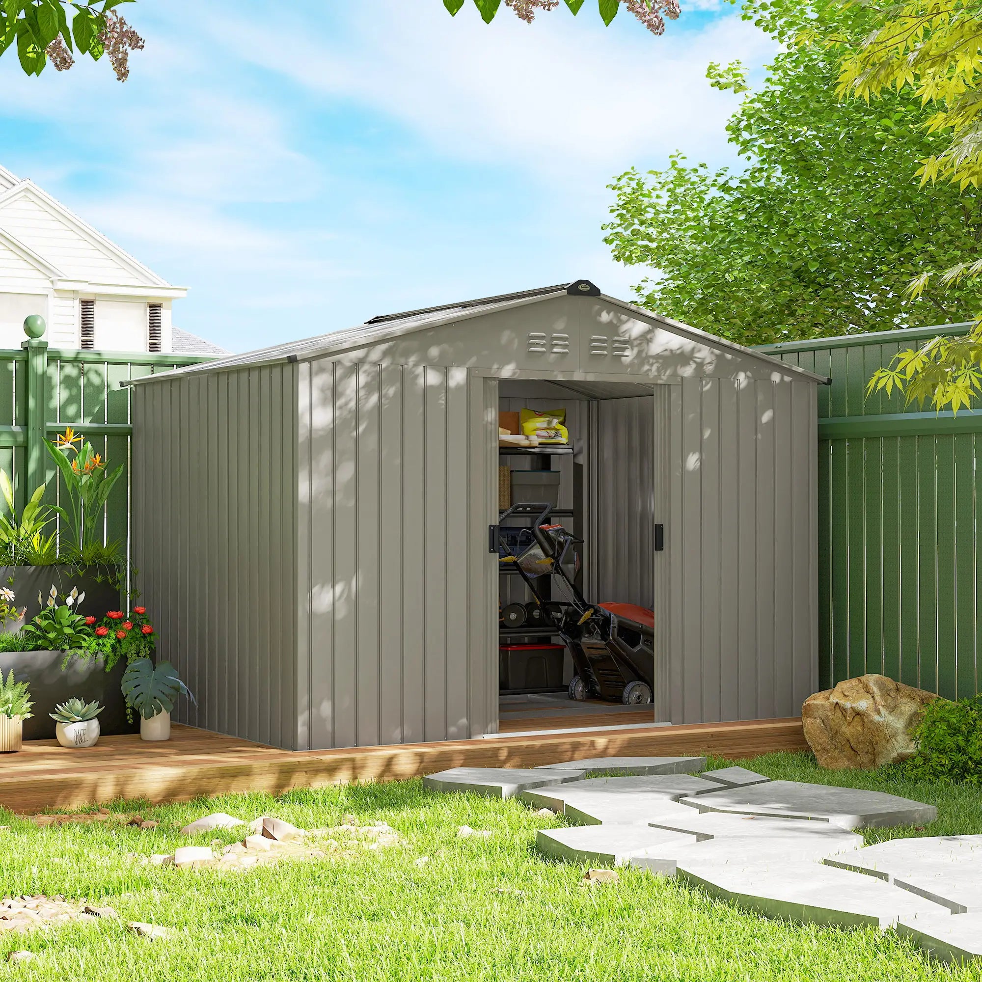 9.1' x 6.4' x 6.3' Garden Storage Shed with Foundation Kit, Double Doors, Grey Sheds at Gallery Canada