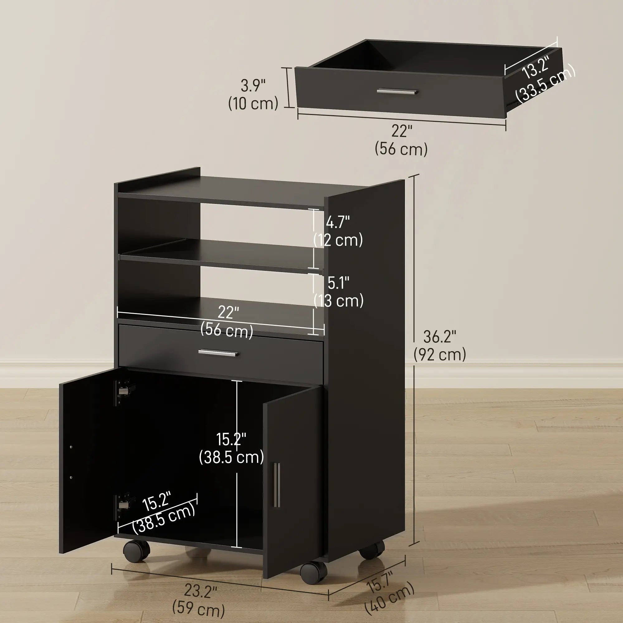 Microwave Cart with Wheels, Open Shelves and Drawer, Black Kitchen Islands & Kitchen Carts at Gallery Canada
