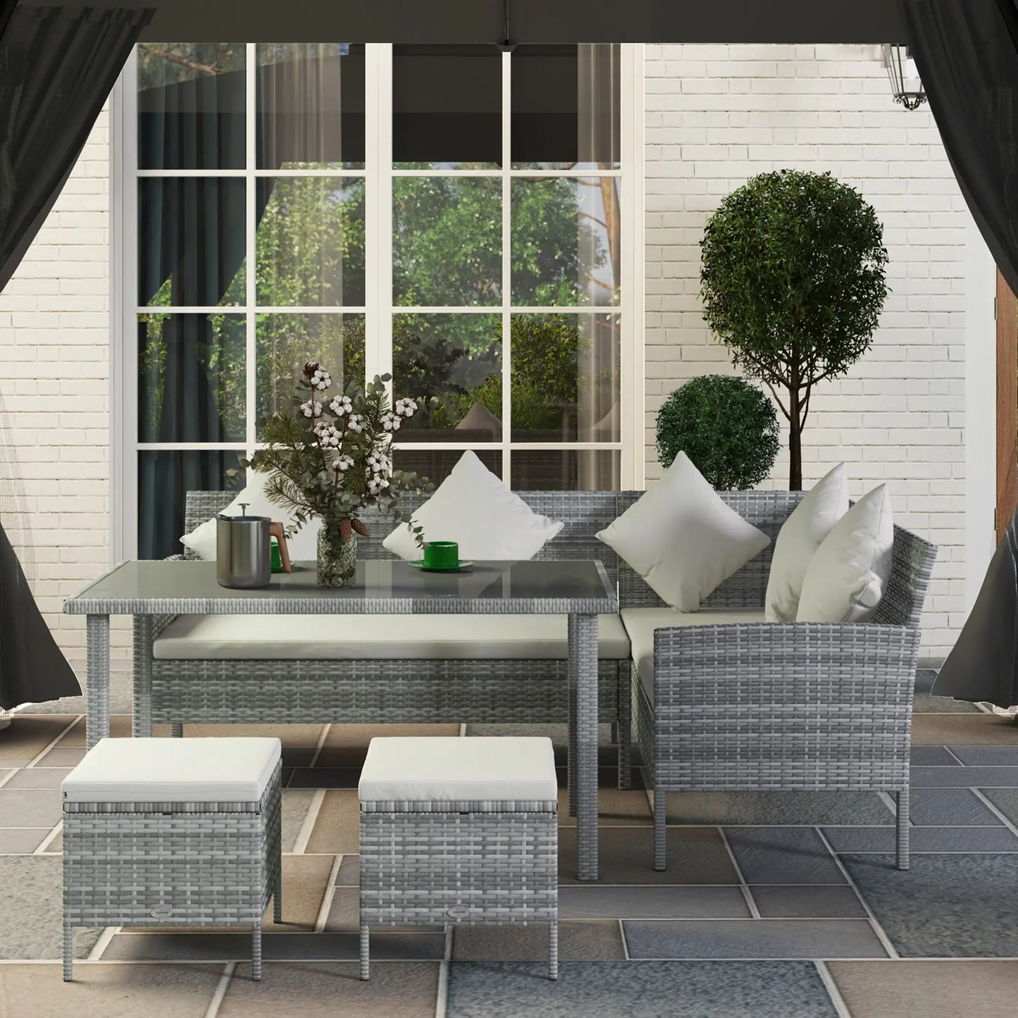 5-Piece Wicker Patio Set, Table, Ottomans, Cream White Patio Furniture Sets at Gallery Canada