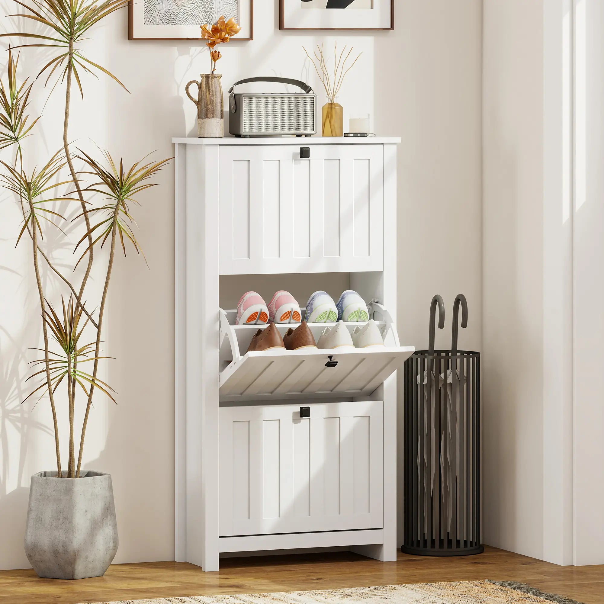 Slim Shoe Cabinet, 3 Flip Drawers, Adjustable Shelves, Holds 12 Pairs, White Shoe Storage Cabinets & Racks at Gallery Canada