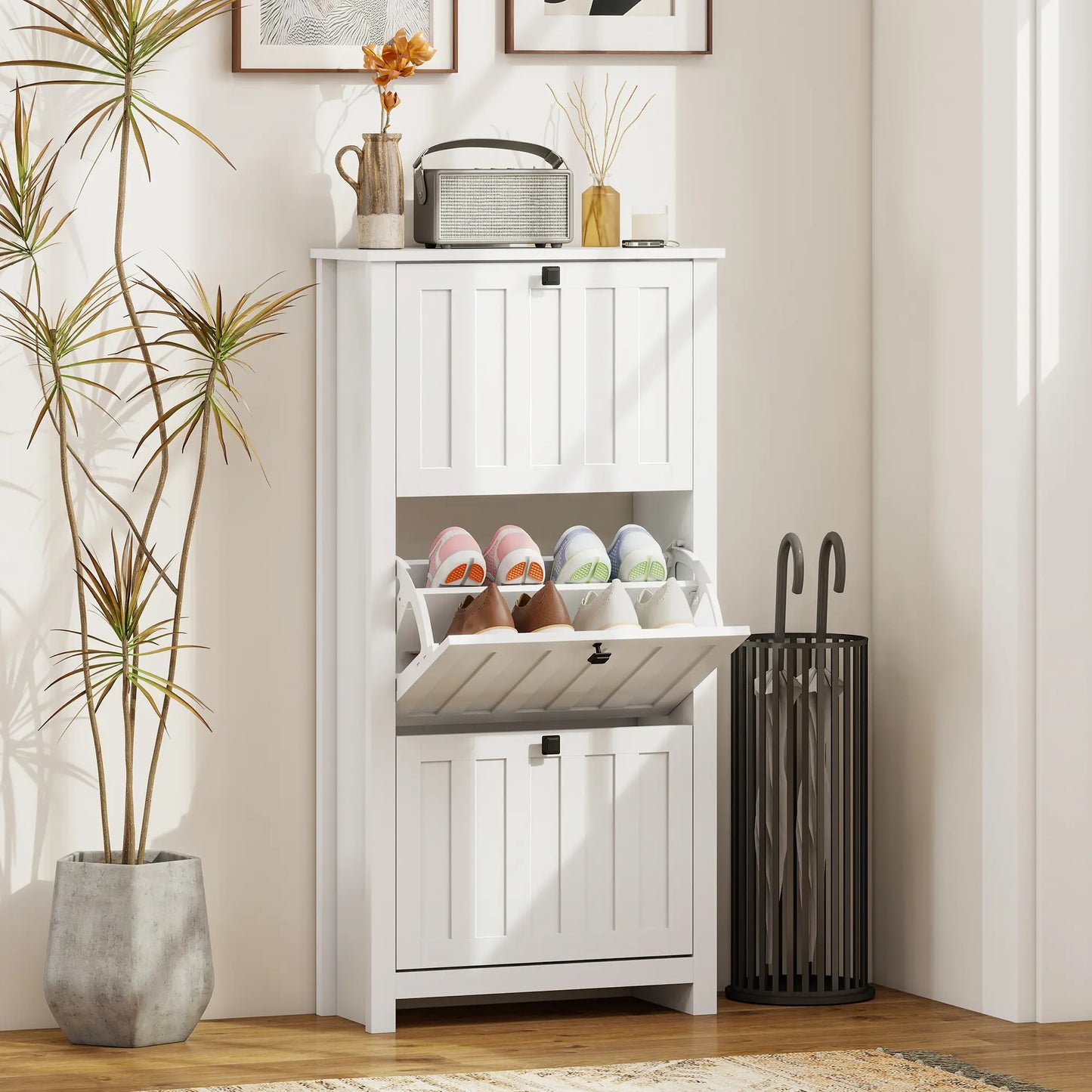 Slim Shoe Cabinet, 3 Flip Drawers, Adjustable Shelves, Holds 12 Pairs, White Shoe Storage Cabinets & Racks at Gallery Canada