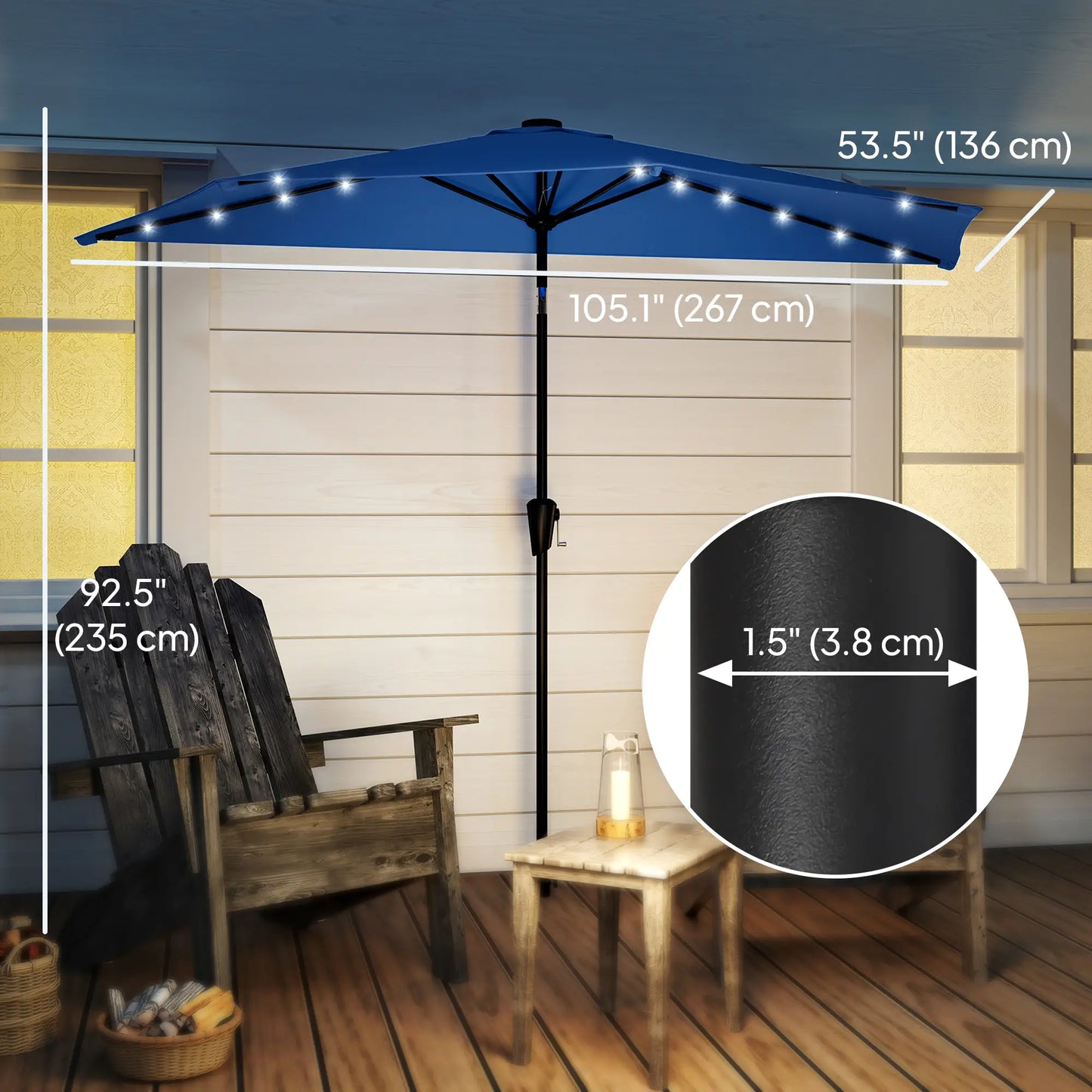 Half Patio Umbrella With Solar LED Lights, Crank, 105.1" x 53.5", Navy Blue Half Round Umbrellas at Gallery Canada