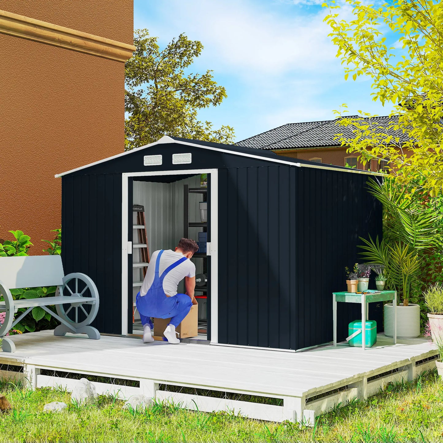 9.1'x6.4'x6.3' Garden Storage Shed, Foundation Kit, Metal Tool House, Double Doors, Dark Grey Sheds at Gallery Canada