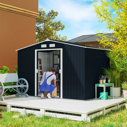 9.1'x6.4'x6.3' Garden Storage Shed, Foundation Kit, Metal Tool House, Double Doors, Dark Grey Sheds at Gallery Canada