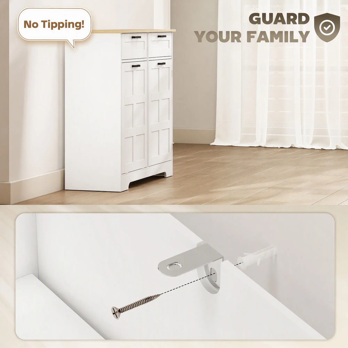 7 Gallon Tilt Out Garbage Cabinet, Kitchen Island, 2 Drawers, White