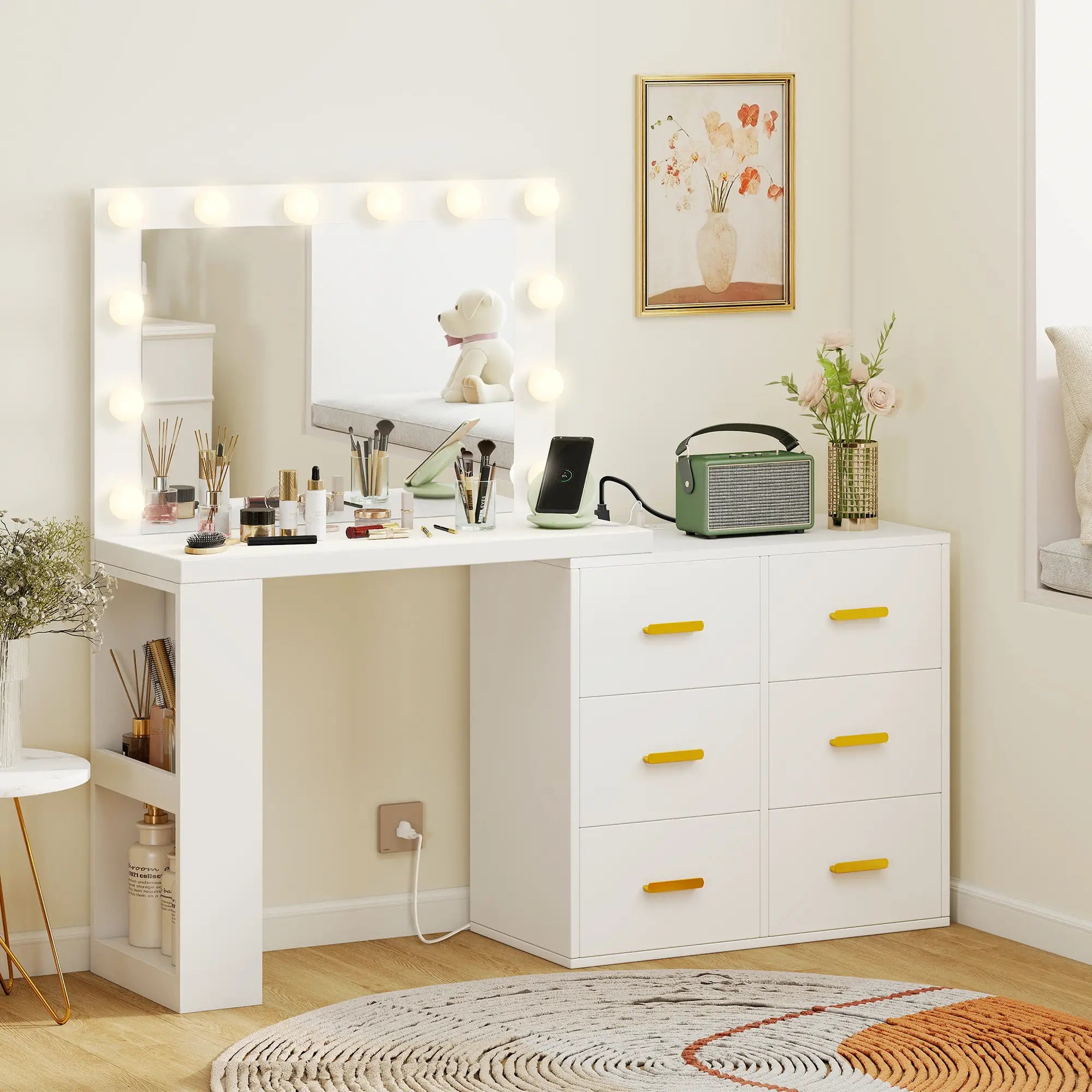 Vanity Desk with Mirror, LED Lights, Power Outlet, White Dressing & Vanity Tables at Gallery Canada
