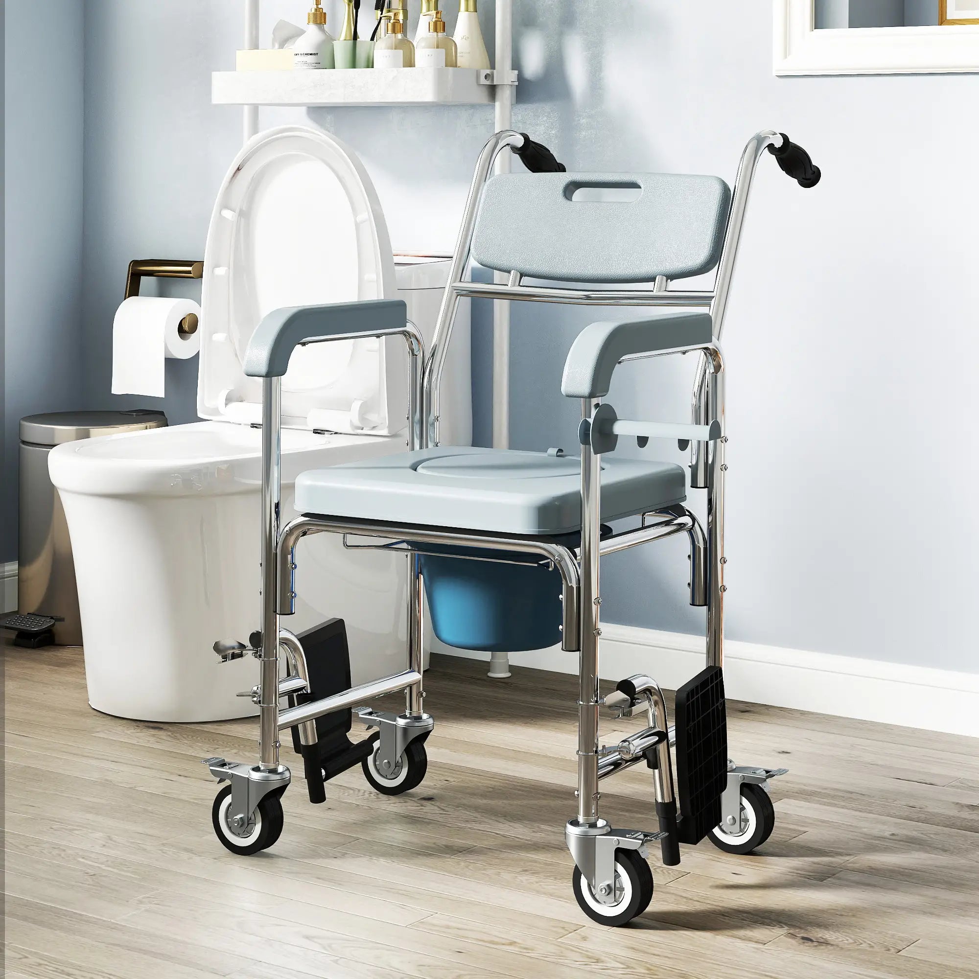 Rolling Shower Chair, Commode with Wheels, Backrest, Arms, Flip Footrests, Grey Bath Chairs at Gallery Canada