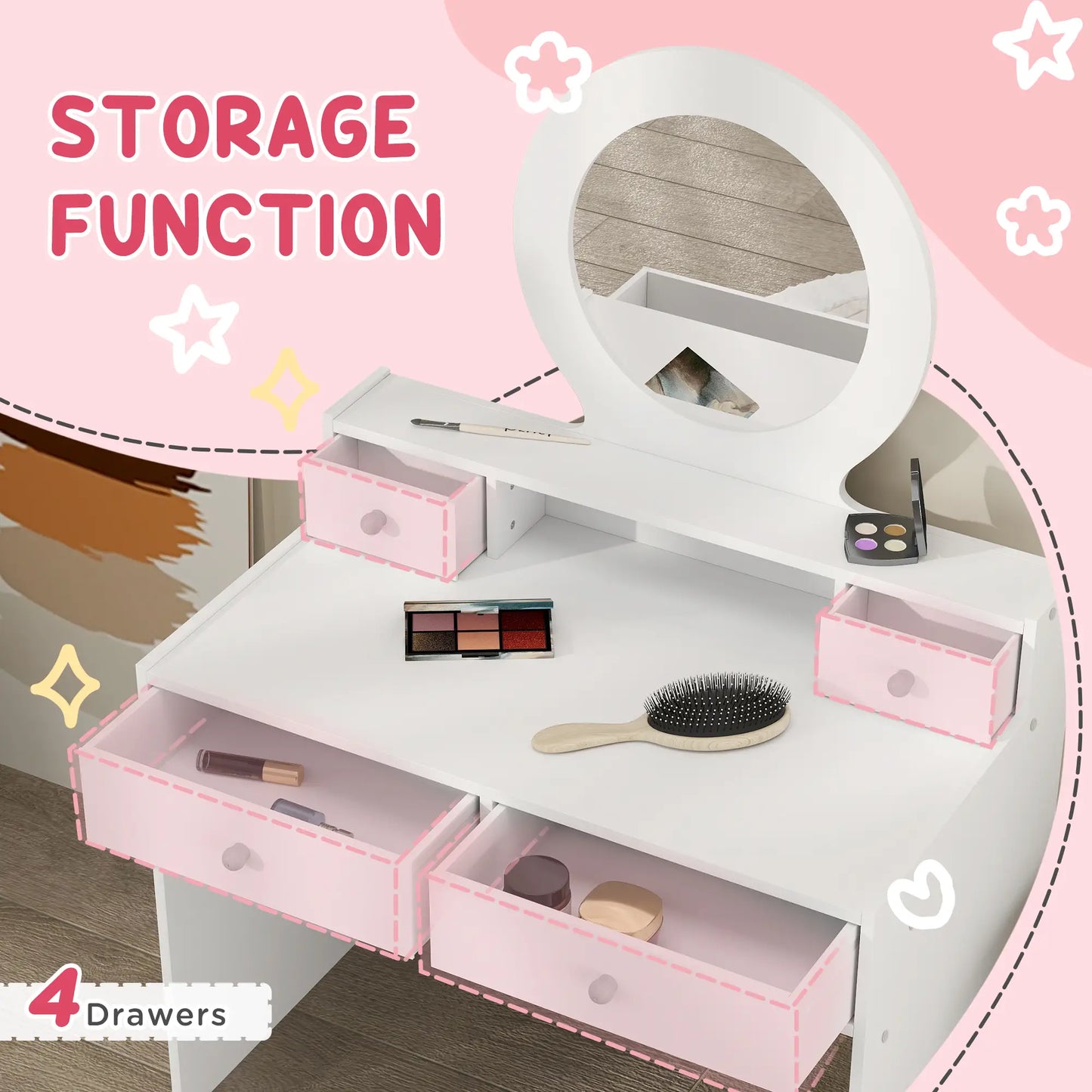 Kids Vanity Set, Makeup Table with Mirror, Stool, Drawers, White Toy Vanity at Gallery Canada