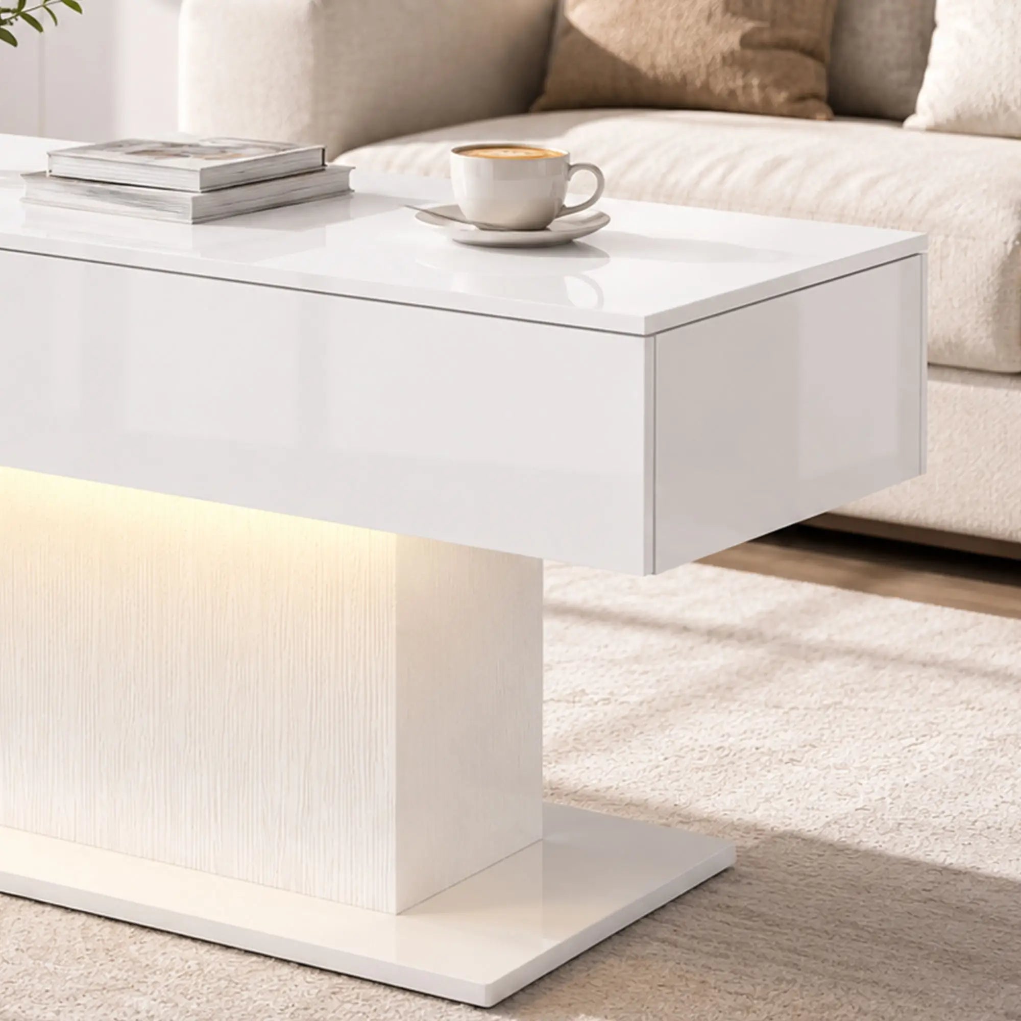 LED Coffee Table with Storage, High Gloss Modern Center Table with 2 Drawers and Remote Control for Living Room, White Coffee Tables at Gallery Canada