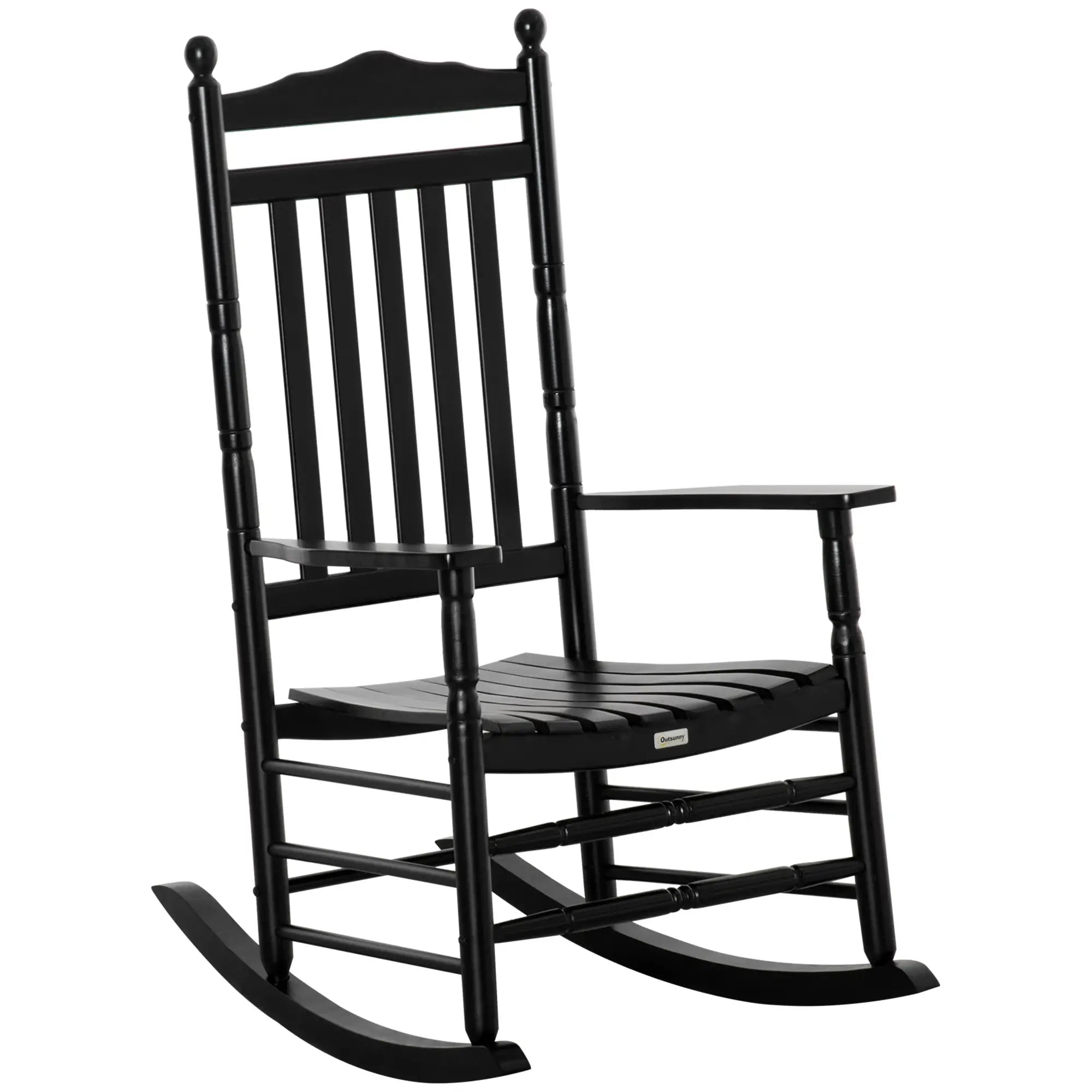 Wooden Outdoor Rocking Chair, Slatted High Back, Armrests, Black Outdoor Rocking Chairs at Gallery Canada