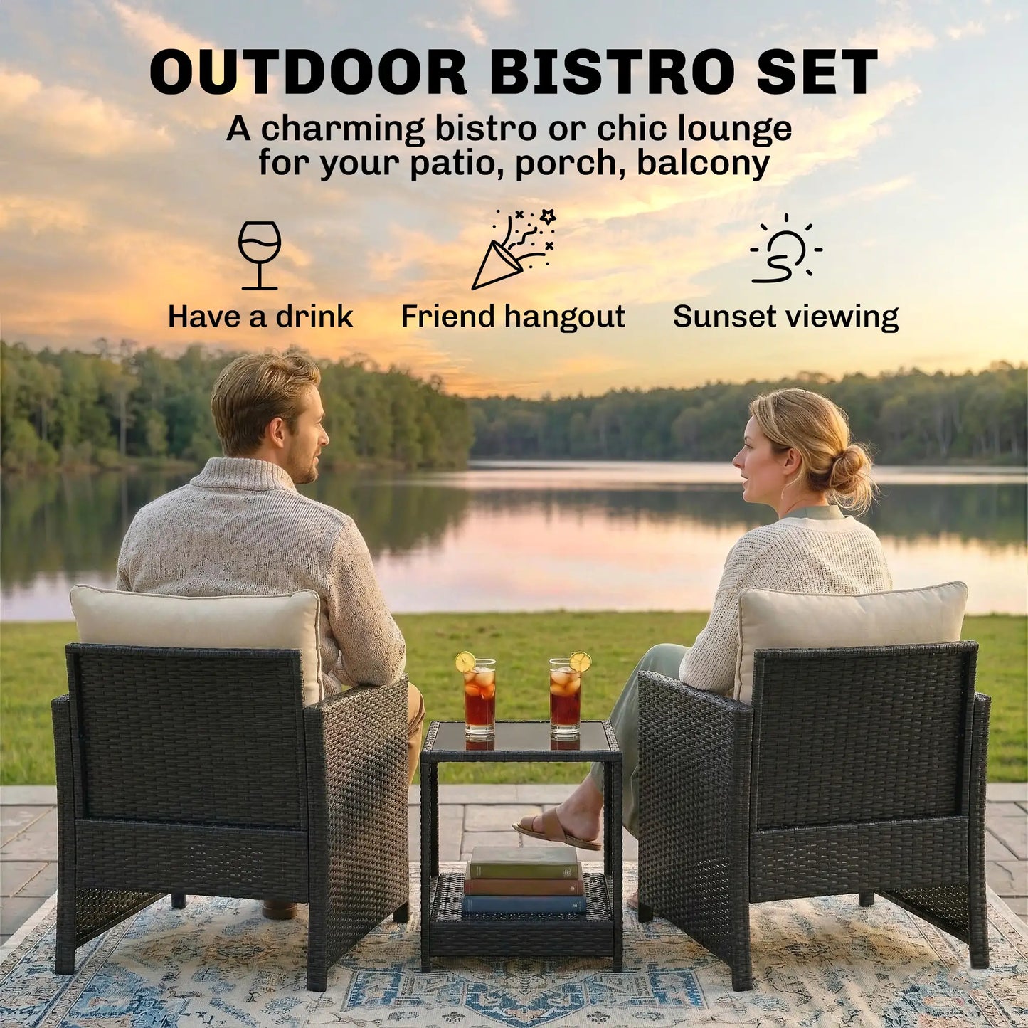 3 Piece Wicker Patio Set, 2-Tier Glass Top Table, Beige Bistro Sets at Gallery Canada