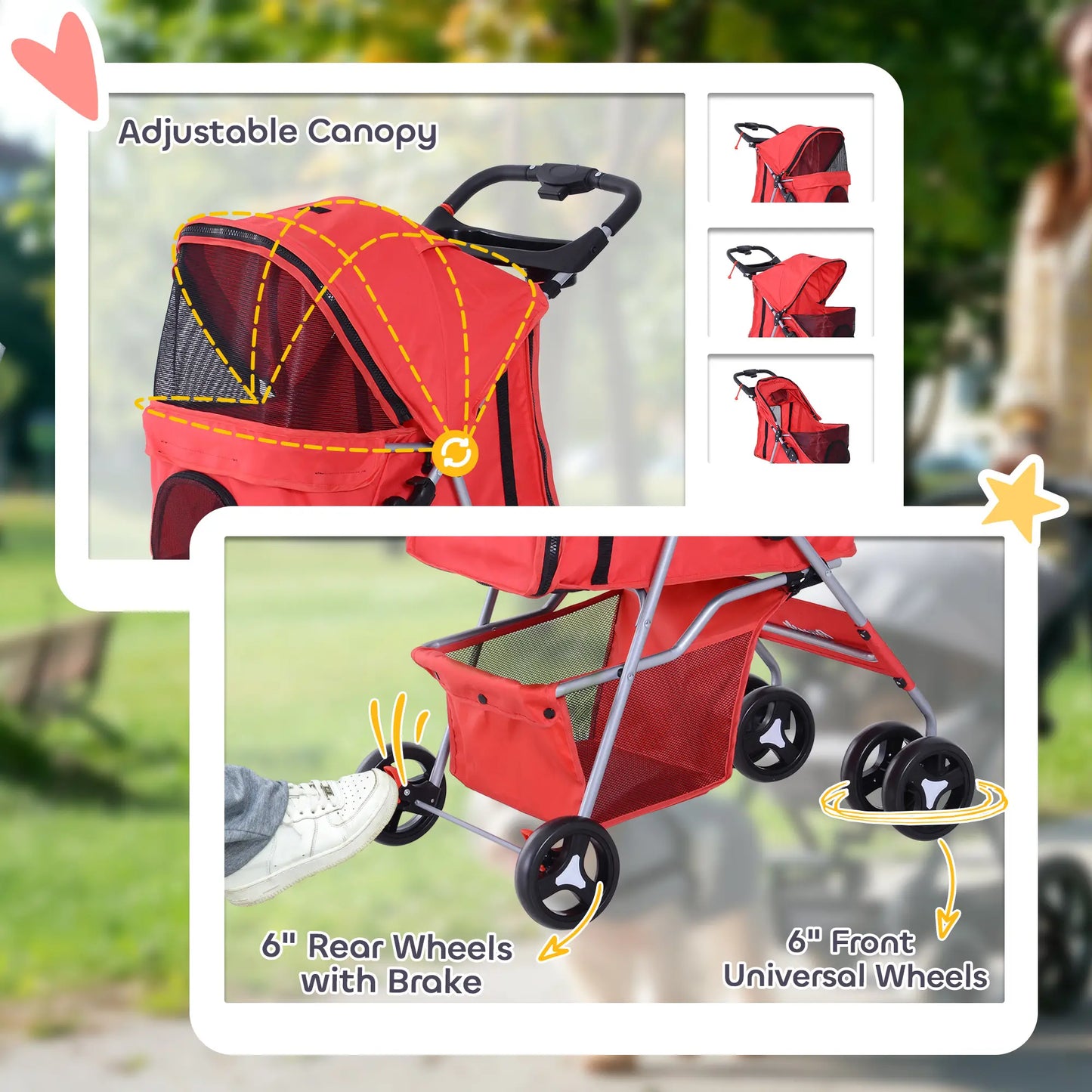 Foldable Pet Stroller, 4 Wheels, Cup Holder, Storage Basket, Red Dog Bike Trailers & Strollers at Gallery Canada