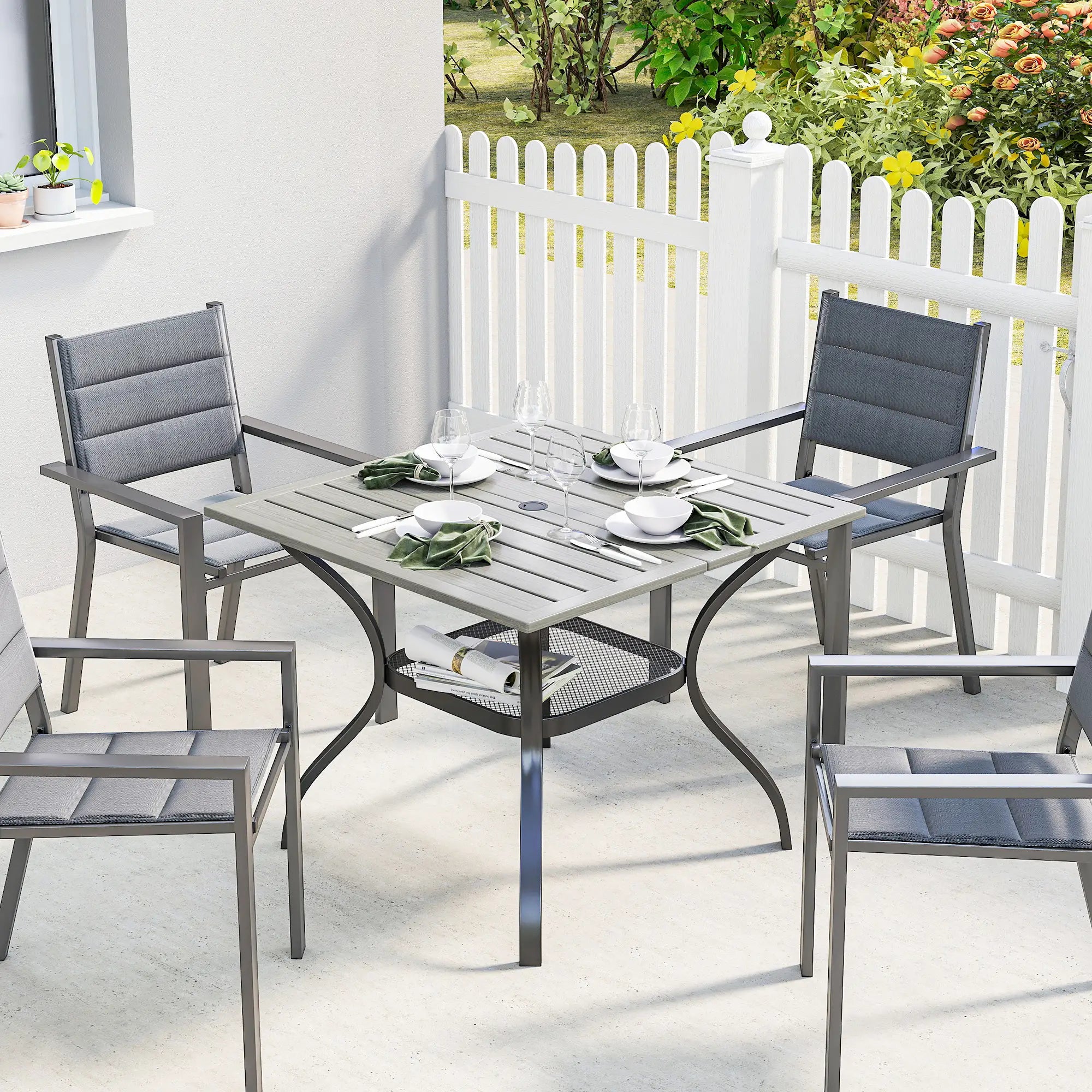 Square Patio Table With Umbrella Hole, Shelf, Slatted Faux Wood Steel Top, Grey Patio Dining Tables at Gallery Canada