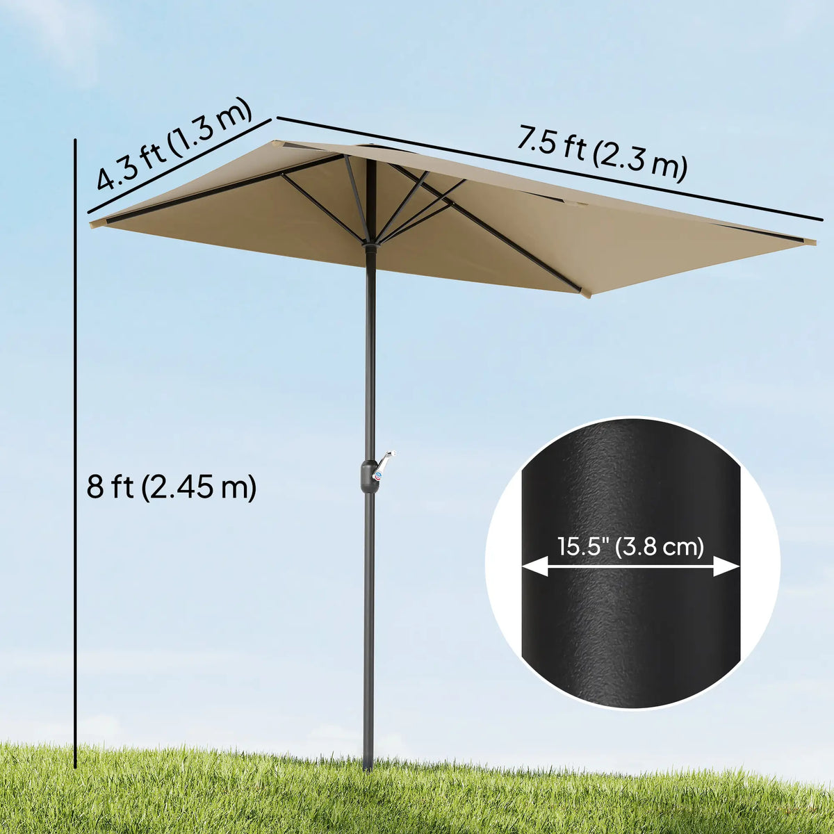 8ft Half Round Outdoor Patio Umbrella, Sun Shade, 5 Ribs
