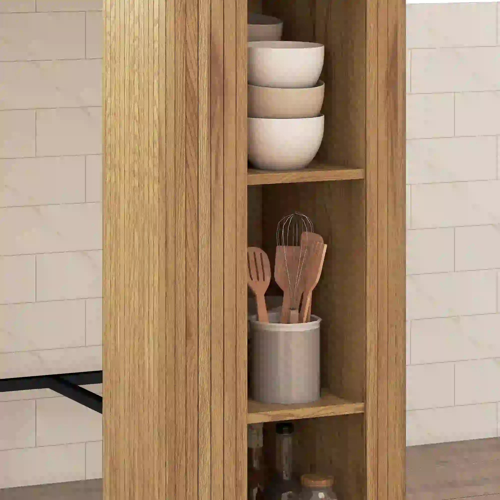 Tambour Bar Height Table, 3 Storage Shelves, Metal Frame, Natural Bar Tables at Gallery Canada