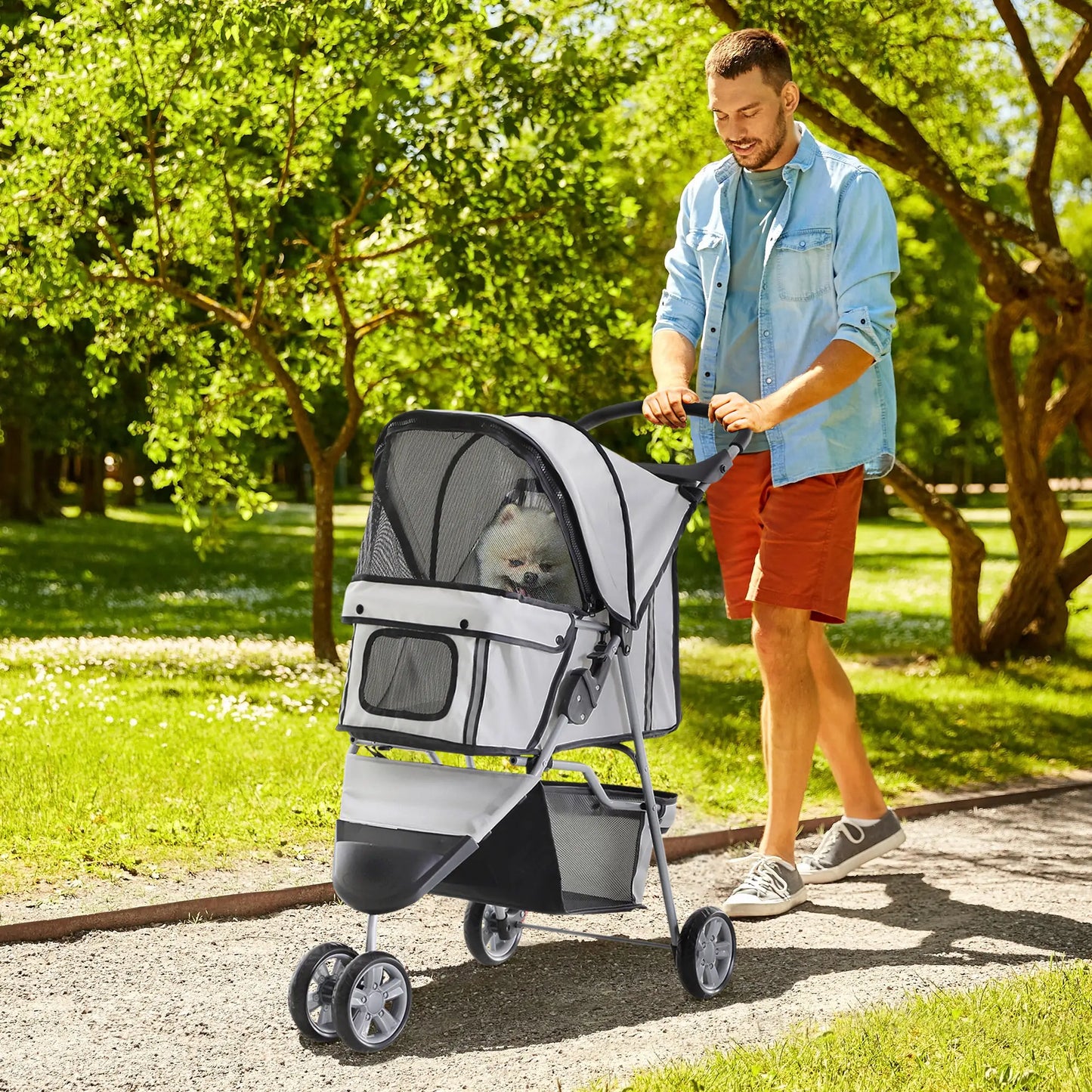 3 Wheel Foldable Dog Stroller, Storage Basket, Adjustable Canopy, Cupholder, Grey Dog Bike Trailers & Strollers at Gallery Canada