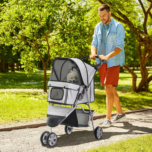 3 Wheel Foldable Dog Stroller, Storage Basket, Adjustable Canopy, Cupholder, Grey Dog Bike Trailers & Strollers Grey at Gallery Canada