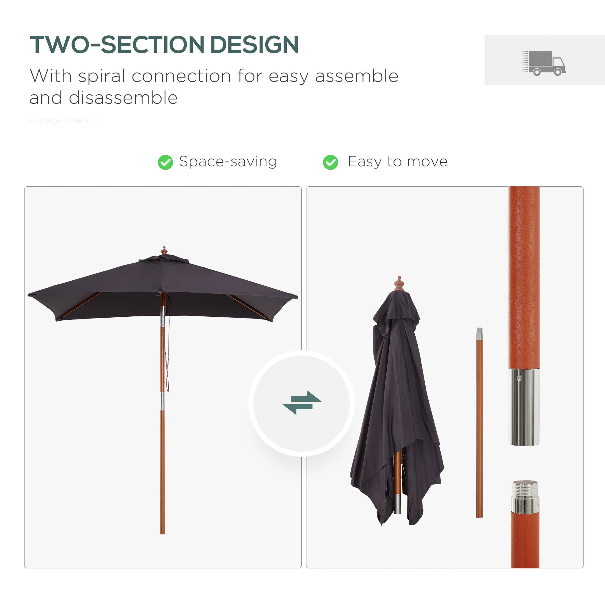 6.6x5ft Square Market Parasol, Wooden Patio Umbrella, Tilt Mechanism, 6 Bamboo Ribs, Dark Grey Sun Umbrellas at Gallery Canada