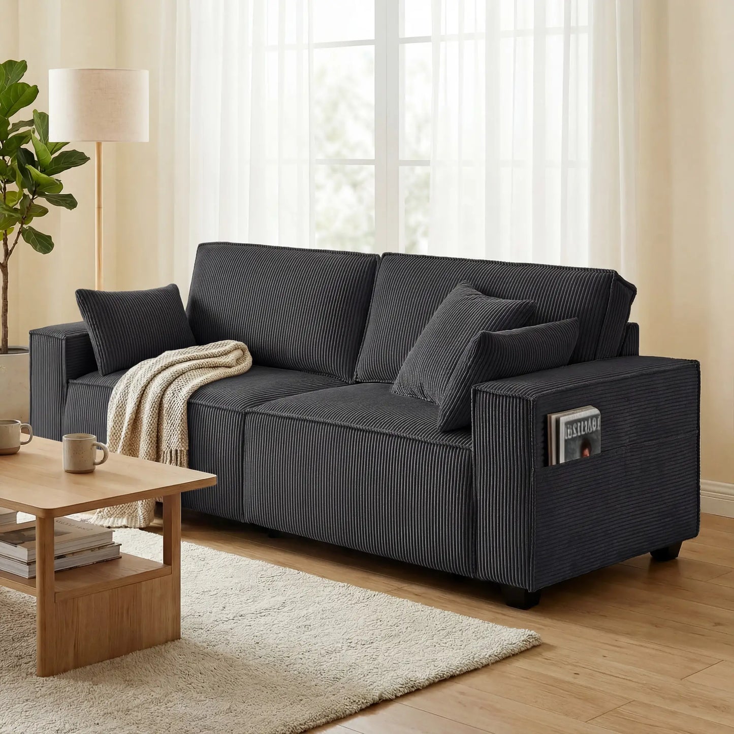 86" 3 Seater Sofa, Modern Corduroy Couch, Dark Grey 3-Seater Sofas at Gallery Canada