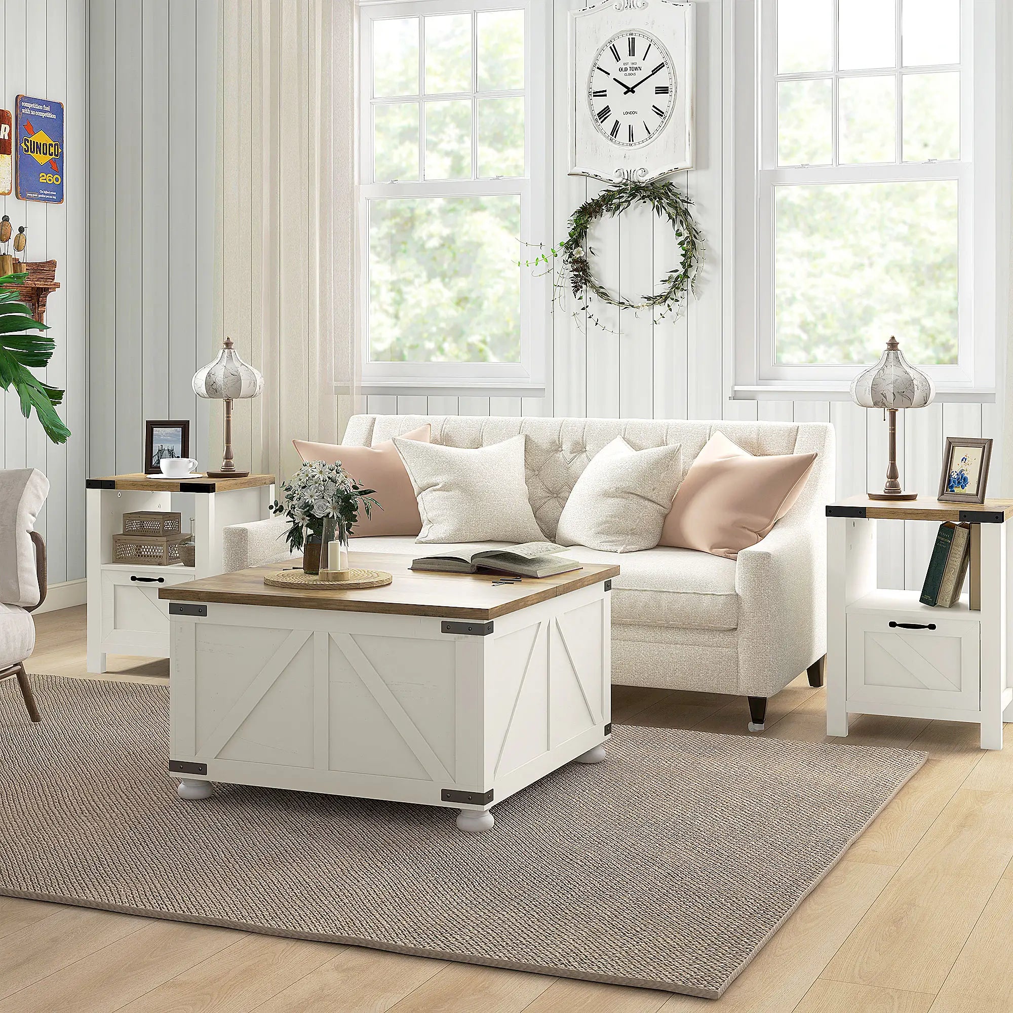 Farmhouse Side Table with Drawer, Open Shelf, White Side Tables at Gallery Canada