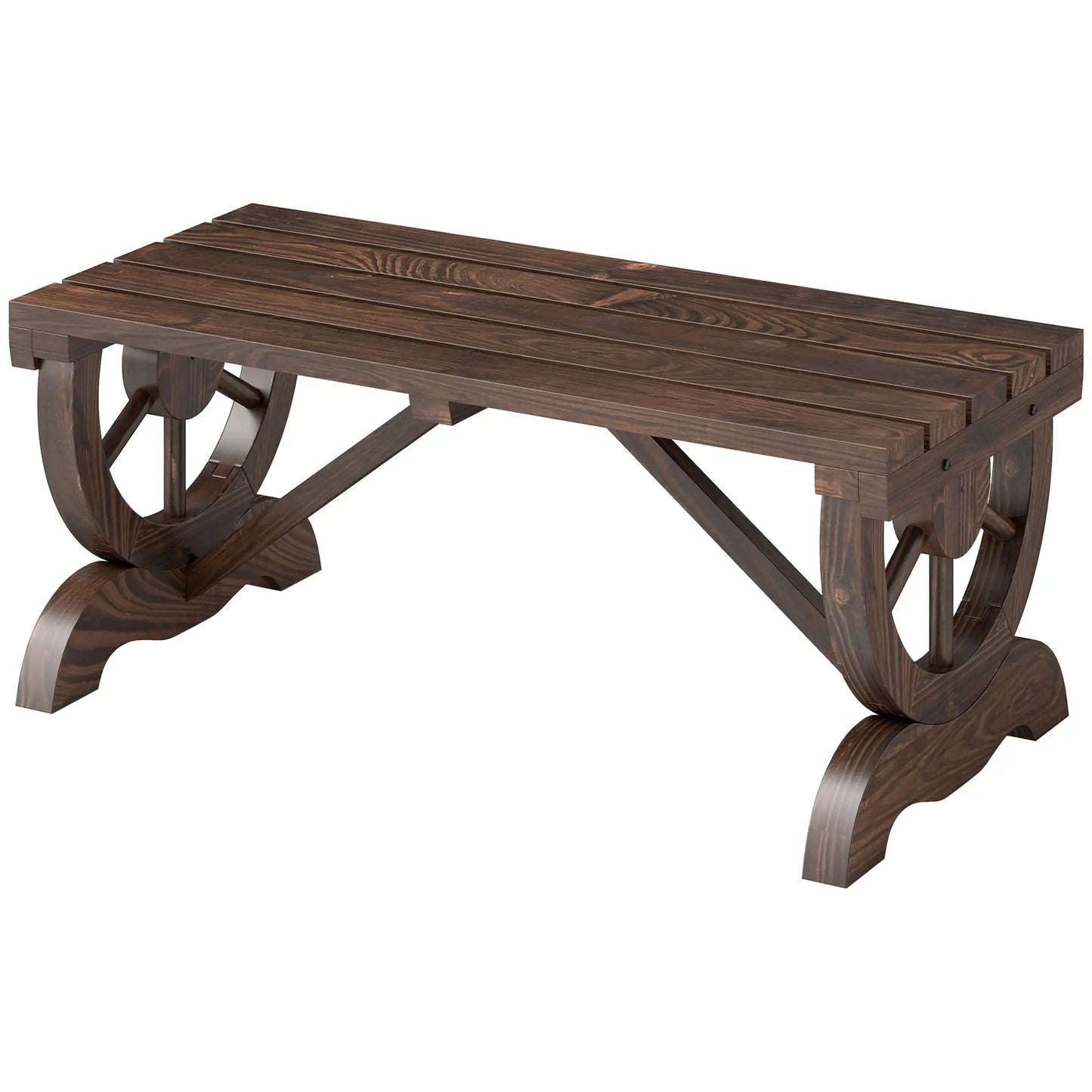 Rustic Wood Wheel Outdoor Garden Bench, 2-Person, Brown Outdoor Benches at Gallery Canada