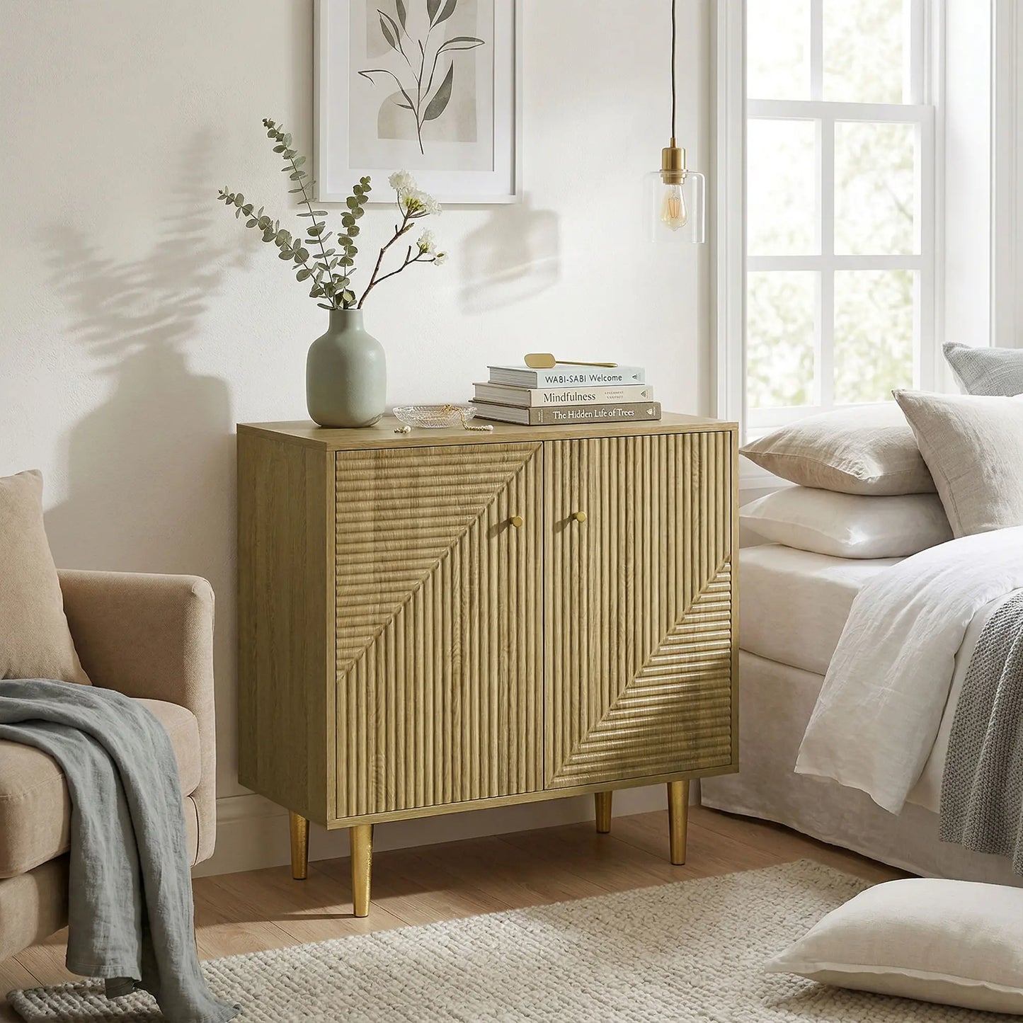 Oak Sideboard With Adjustable Shelf, 2 Doors, Gold Steel Legs, Gold Storage Cabinets at Gallery Canada
