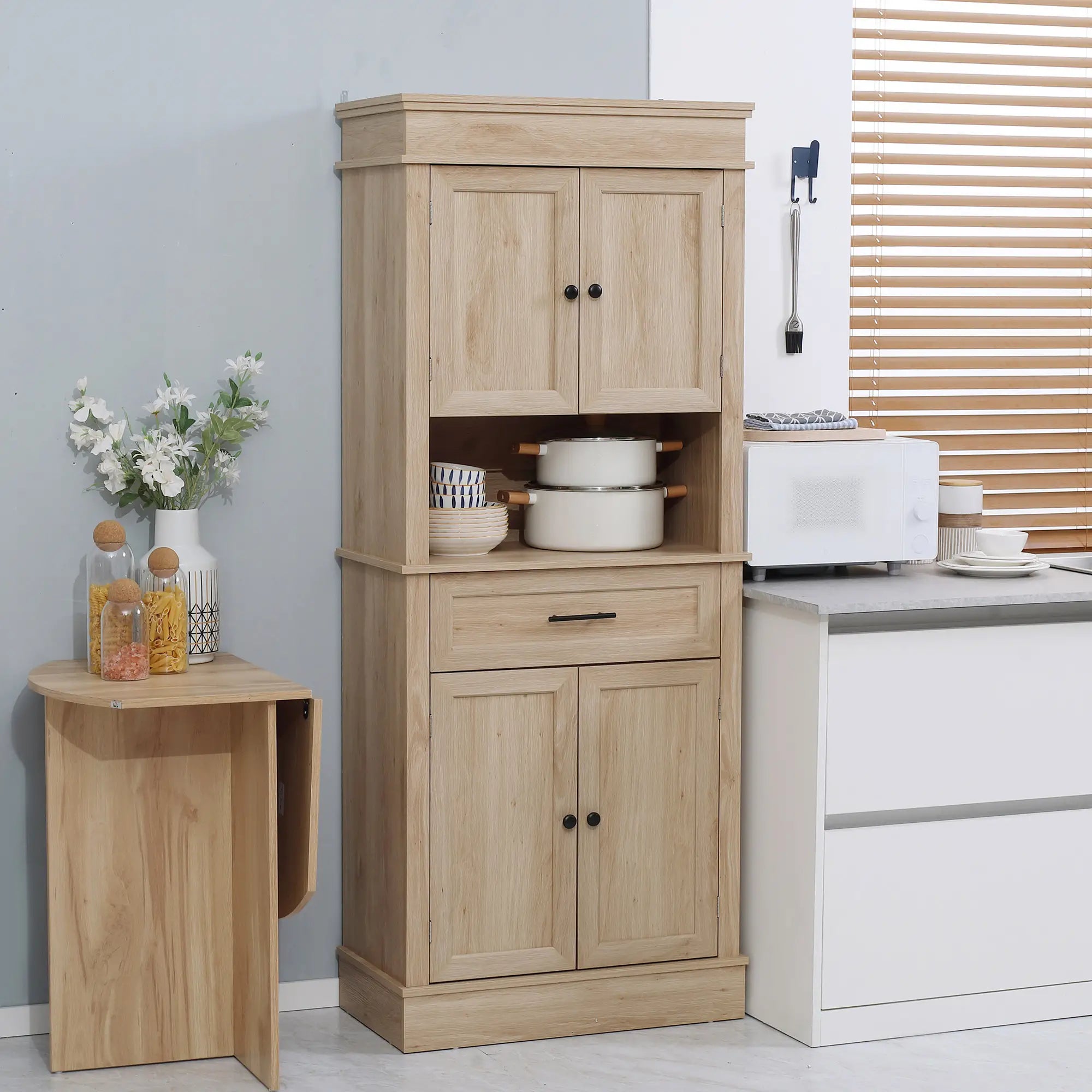 Modern Kitchen Pantry Cabinet, Freestanding with Adjustable Shelves, Oak Kitchen Pantry Cabinets at Gallery Canada
