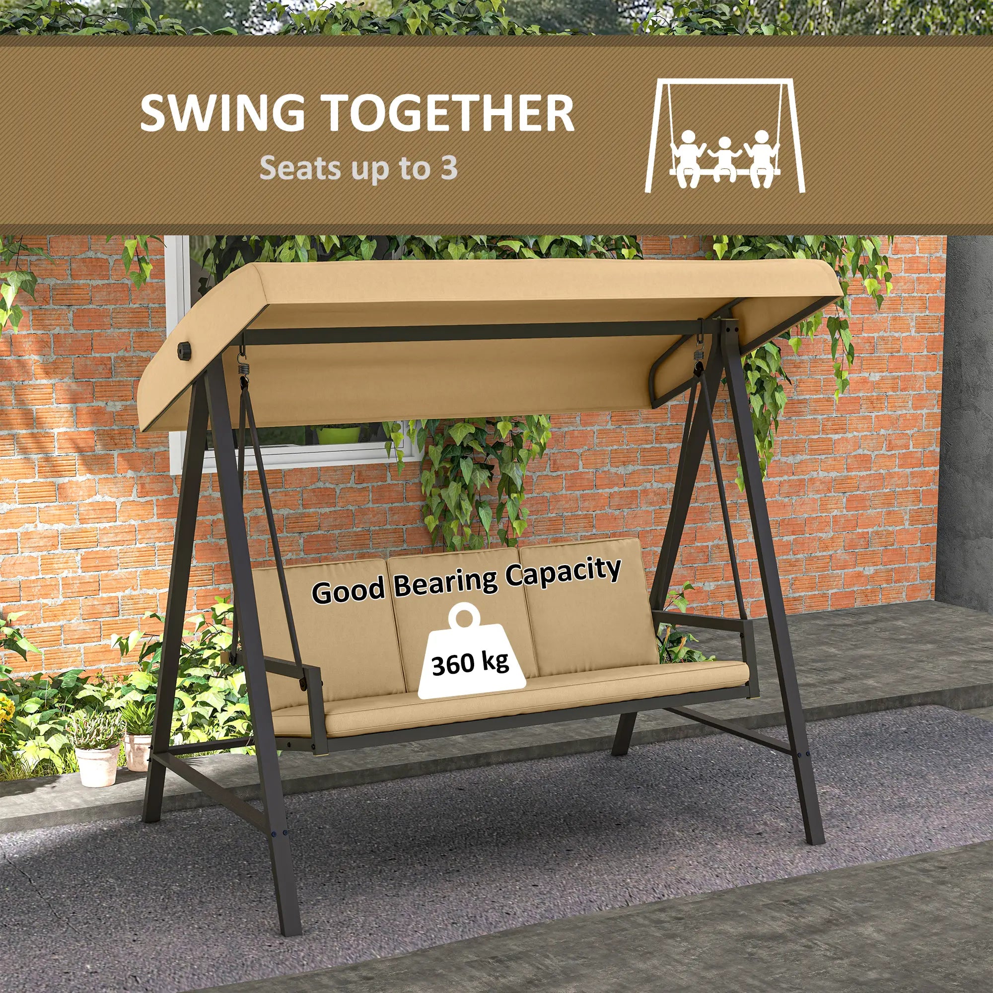 3 Seater Patio Swing Chair, Adjustable Canopy, Removable Cushions, Beige Patio Swings with Stand at Gallery Canada