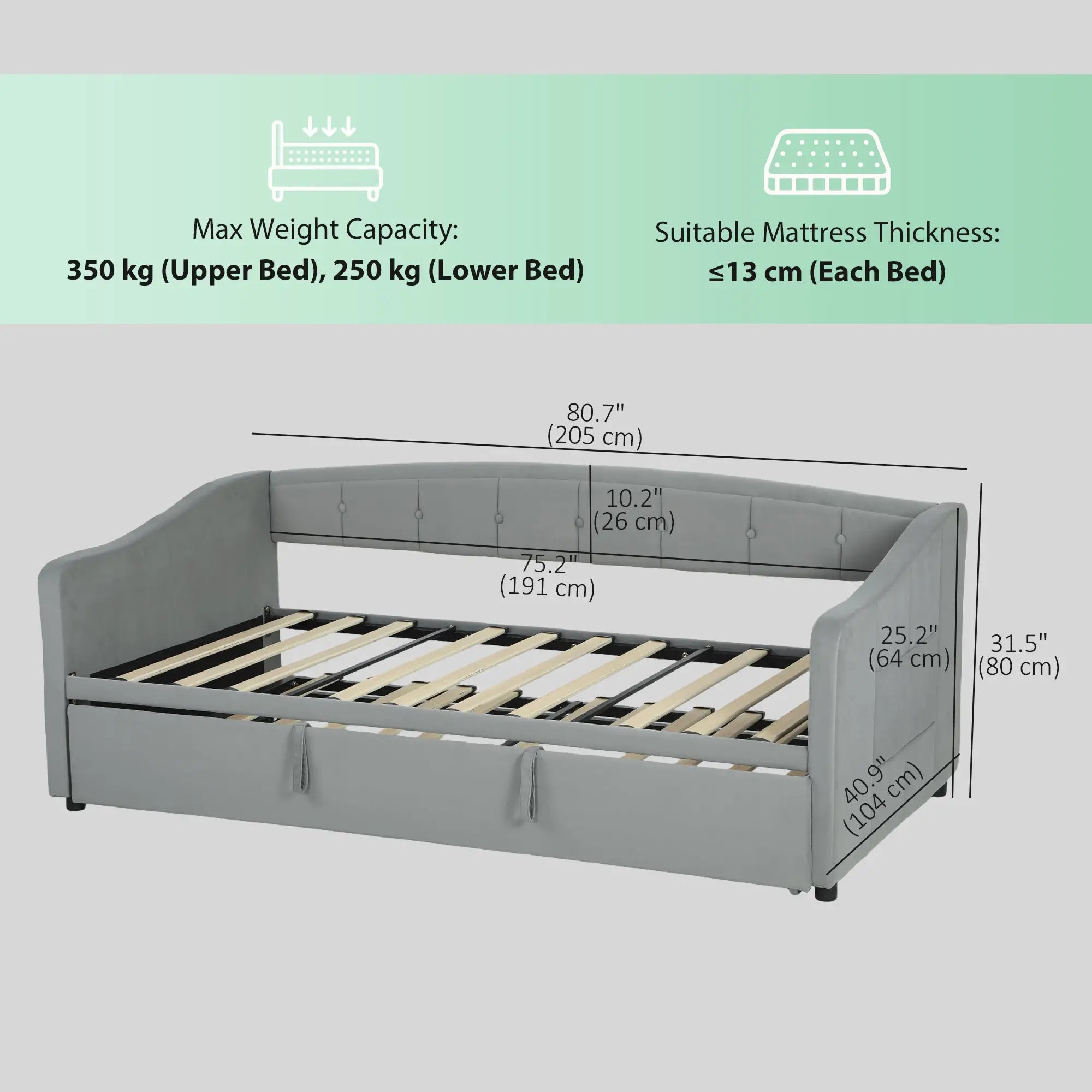 Upholstered Twin Size Trundle Bed, With Headboard And Pockets, Light Grey Bed Frames at Gallery Canada
