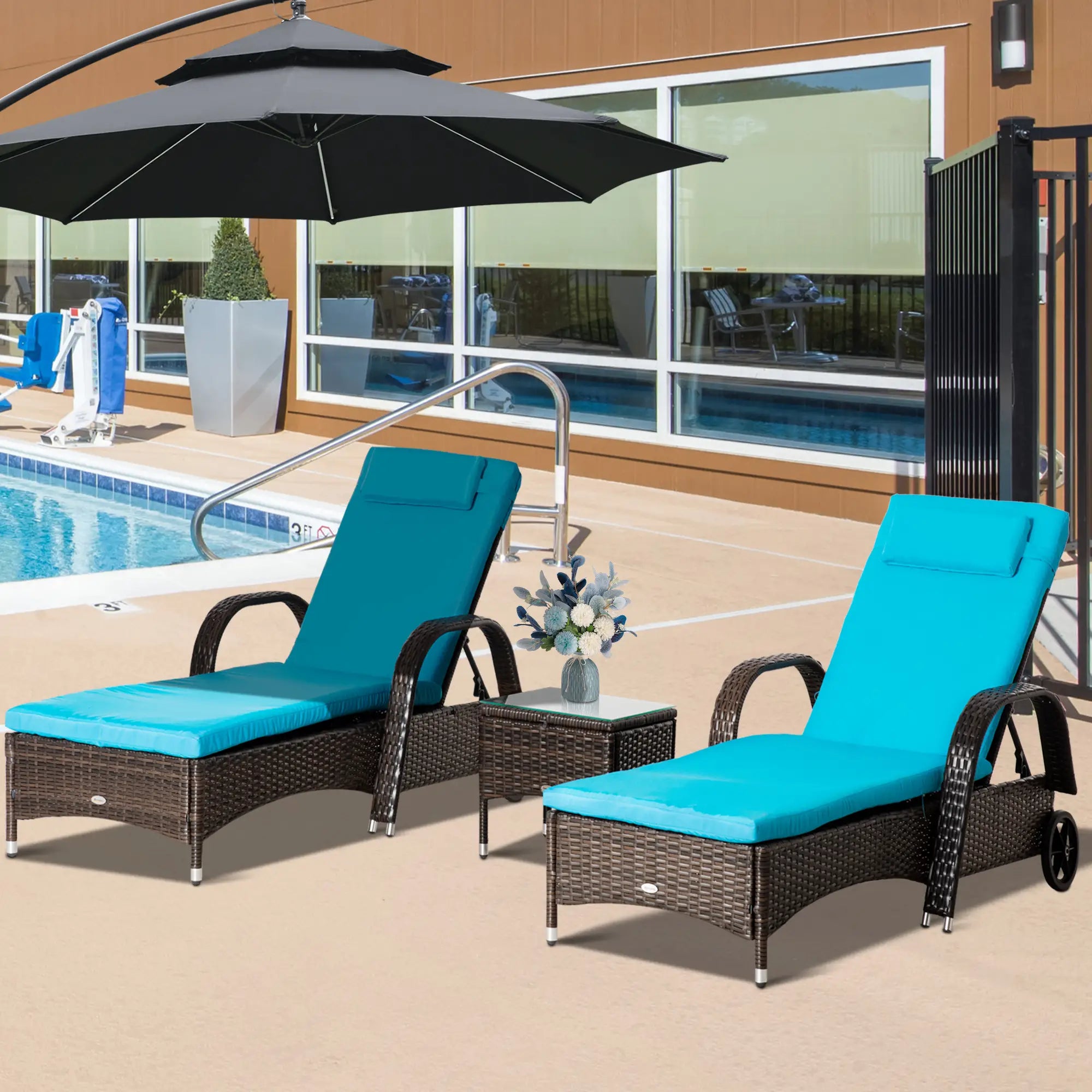 3-Piece Wicker Patio Lounger Set with Table, PE Rattan, Brown/Blue Chaise Loungers at Gallery Canada
