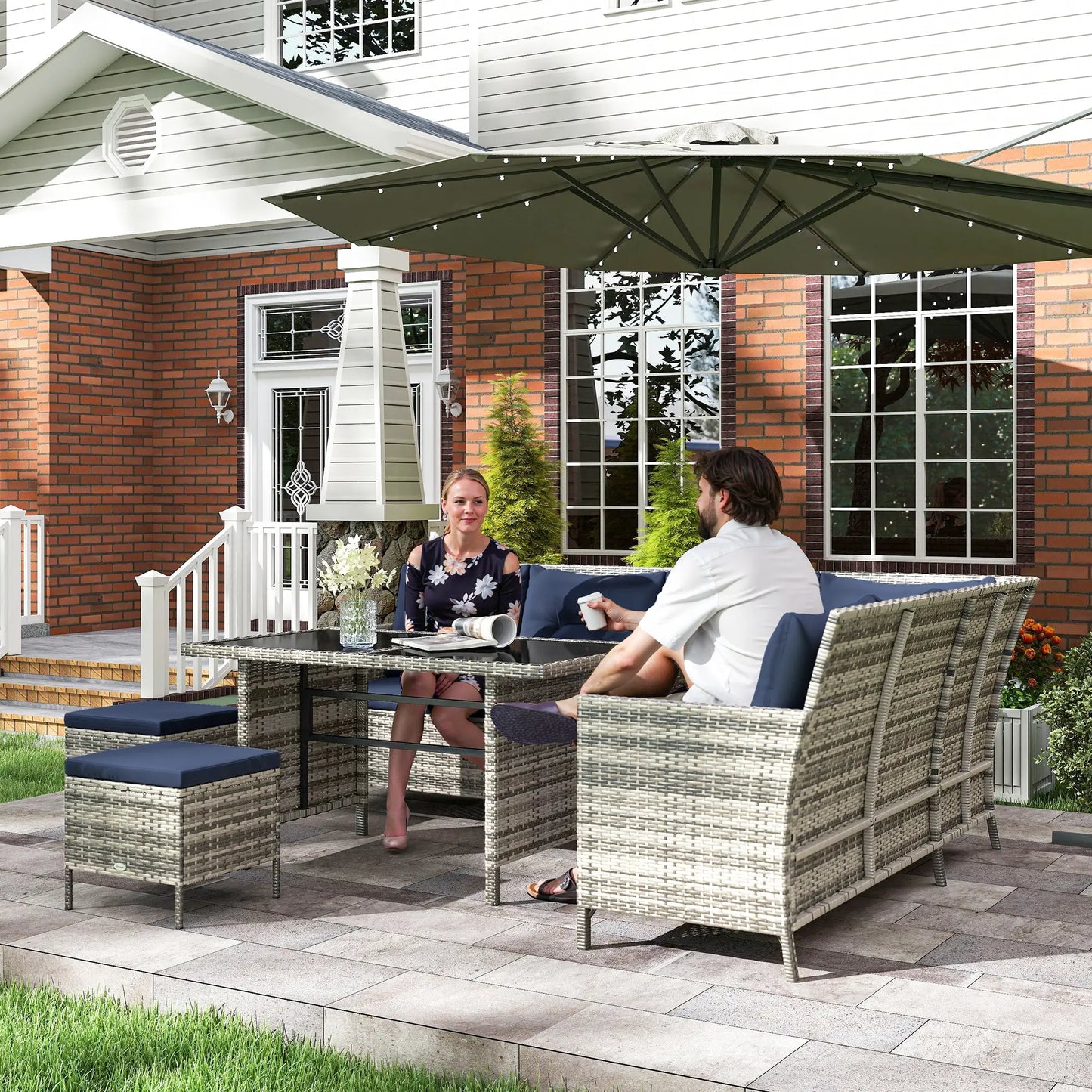 6pcs Outdoor Rattan Sofa Set, Wicker Sectional Couch, Dining Table, Sky Blue Patio Furniture Sets at Gallery Canada