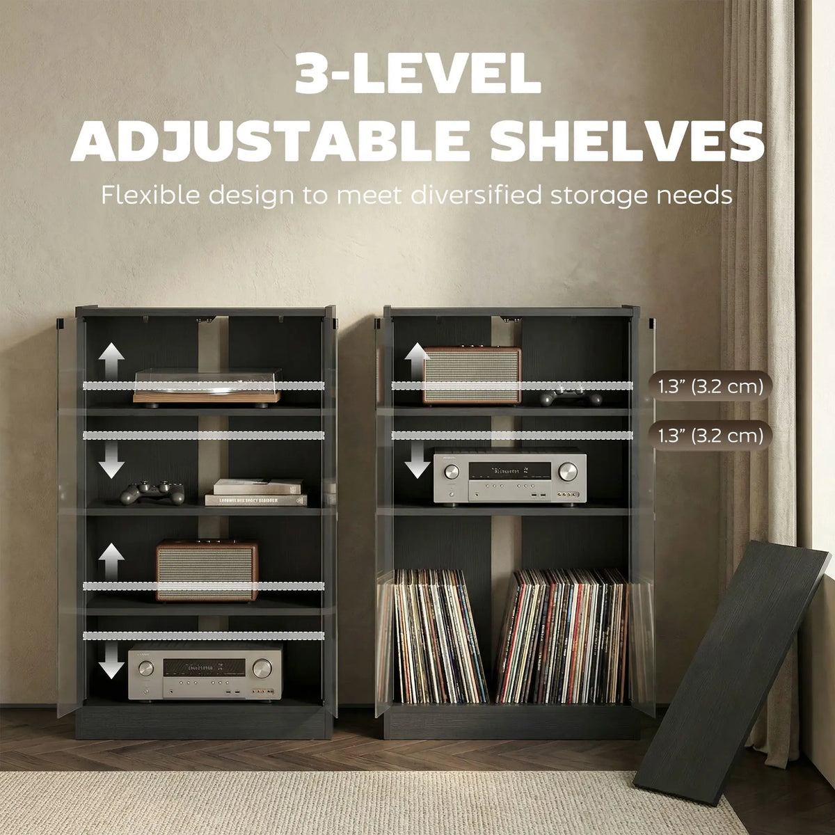 5-Tier AV Media Stand, Push Open Glass Doors, Adjustable Shelves, Distressed, Black Storage Cabinets at Gallery Canada