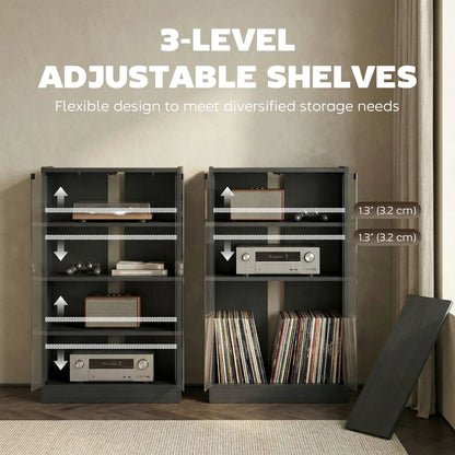 5-Tier AV Media Stand, Push Open Glass Doors, Adjustable Shelves, Distressed, Black Storage Cabinets at Gallery Canada