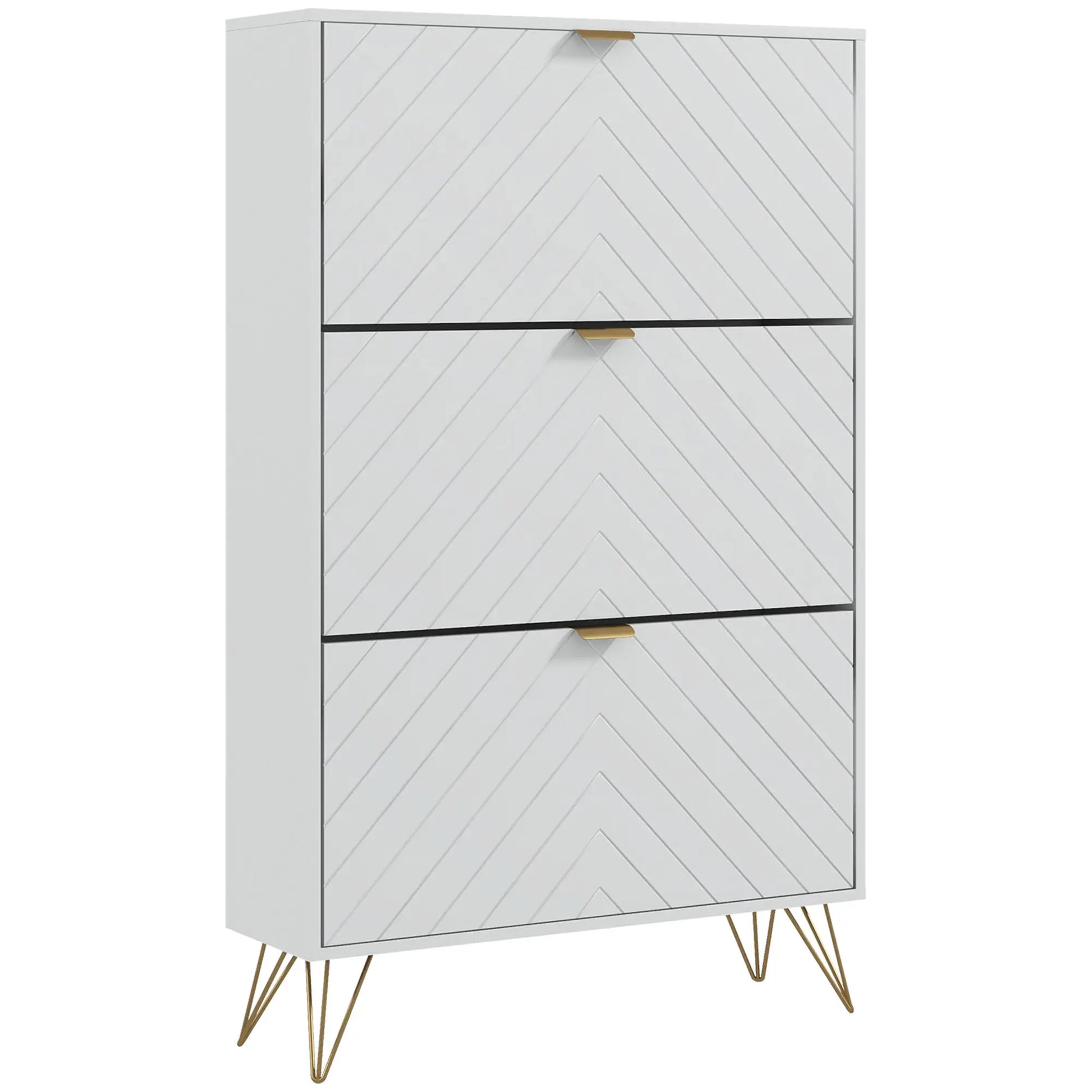 Modern Shoe Storage Cabinet, 3 Flip Drawers for 18 Pairs, Narrow, White Shoe Storage Cabinets & Racks at Gallery Canada